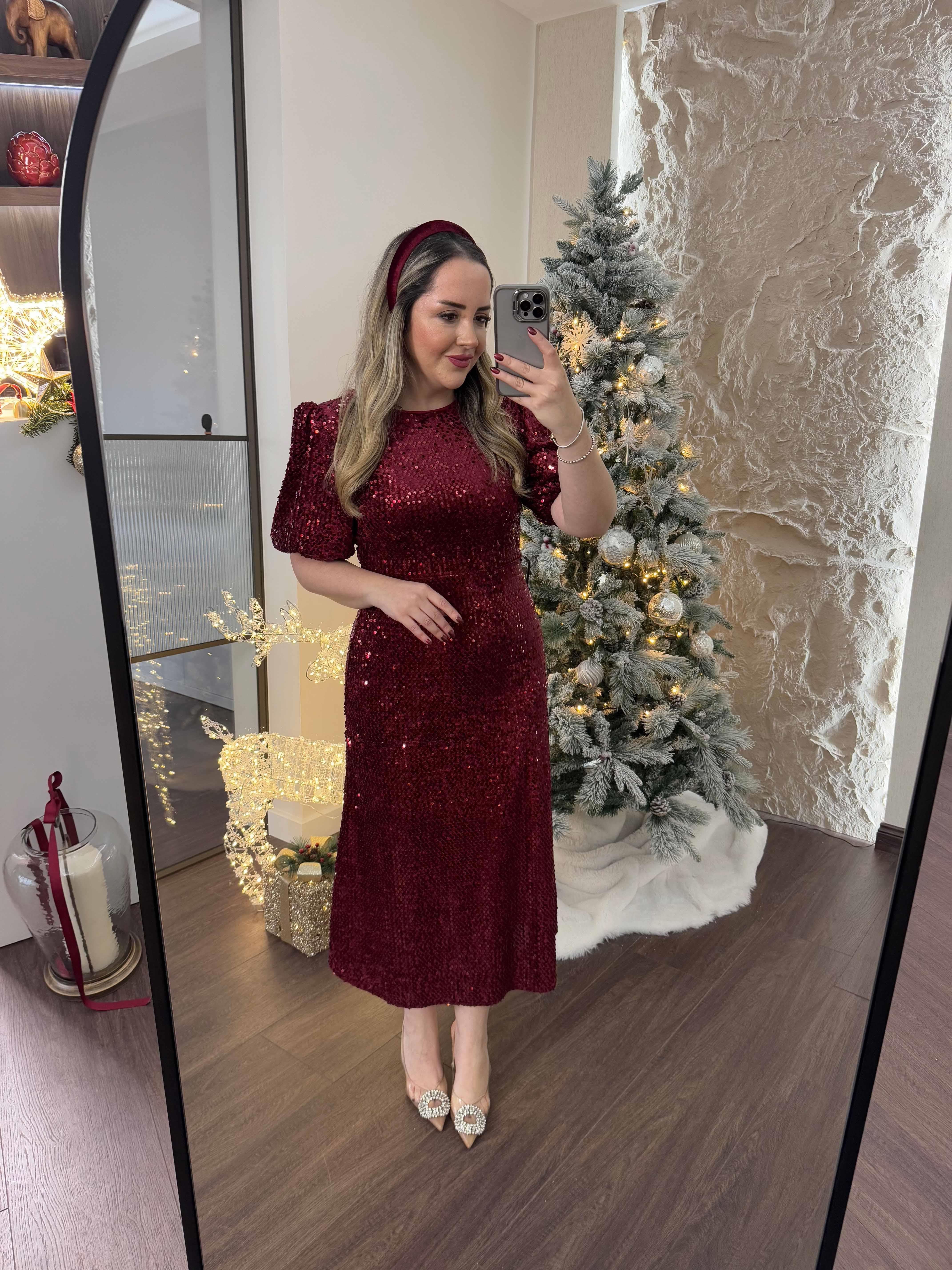 Sandra Payet Balon Kol Midi Tasarım Payet Elbise Bordo