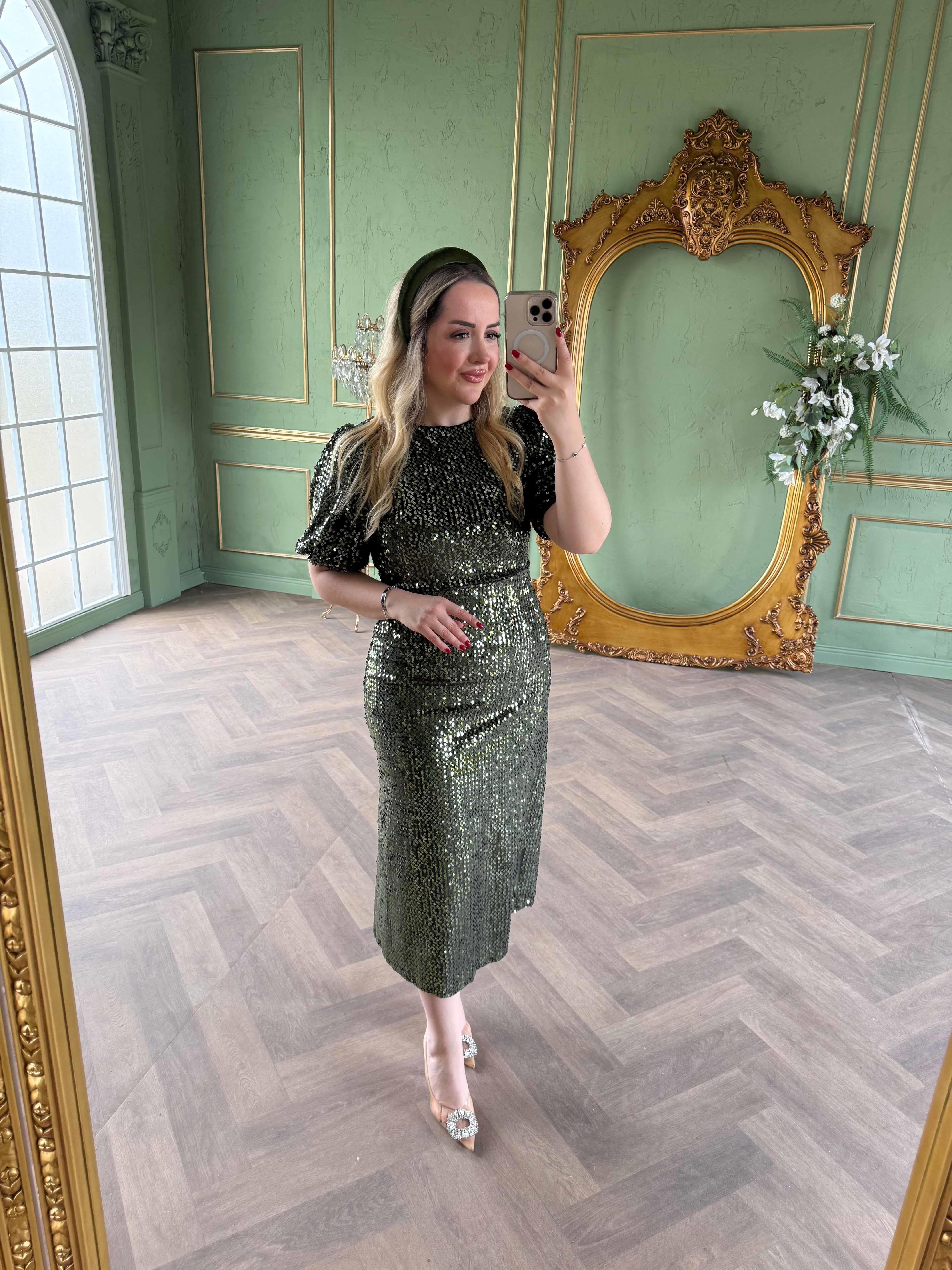 Sandra Payet Balon Kol Midi Tasarım Payet Elbise Haki