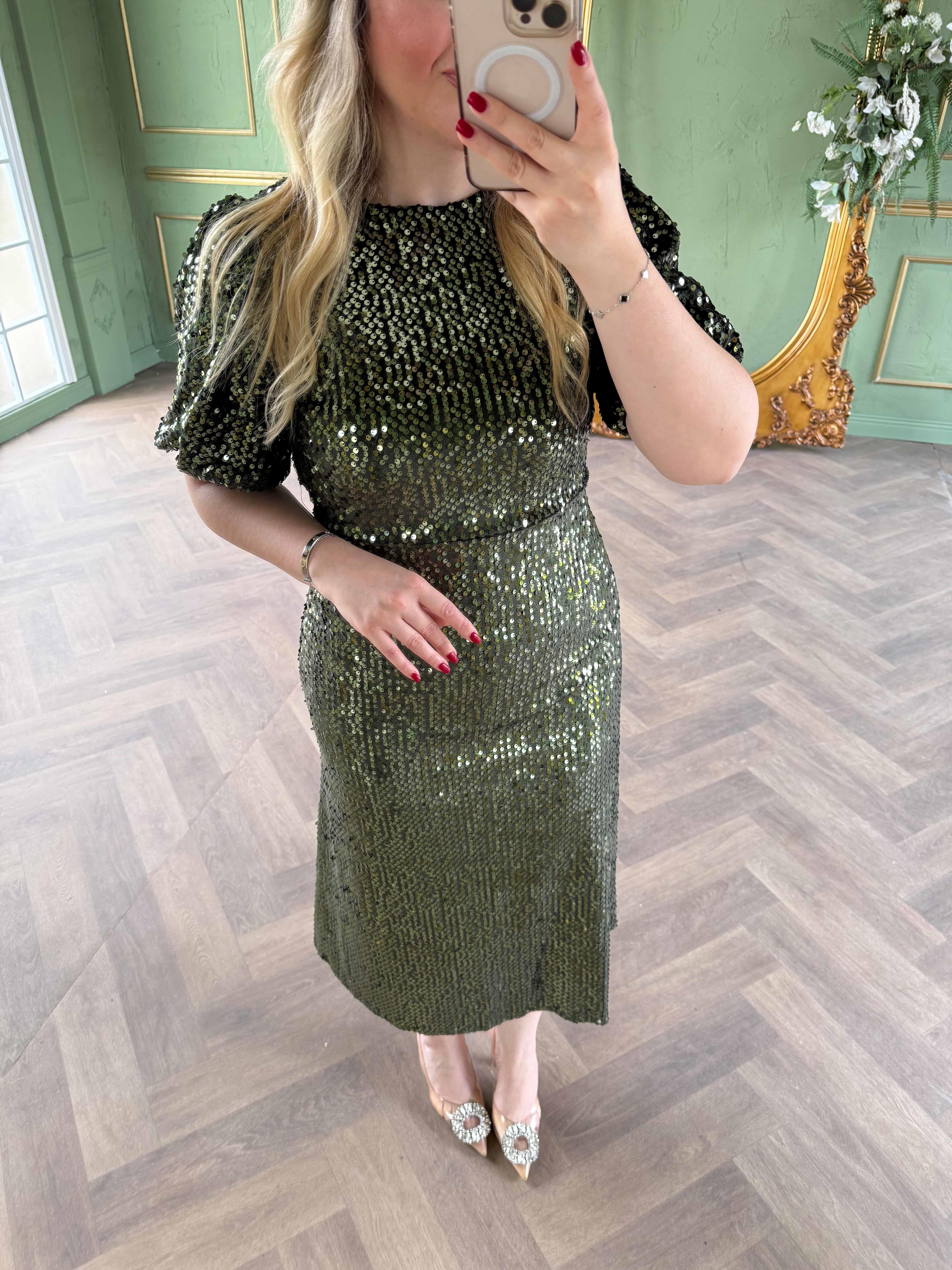 Sandra Payet Balon Kol Midi Tasarım Payet Elbise Haki