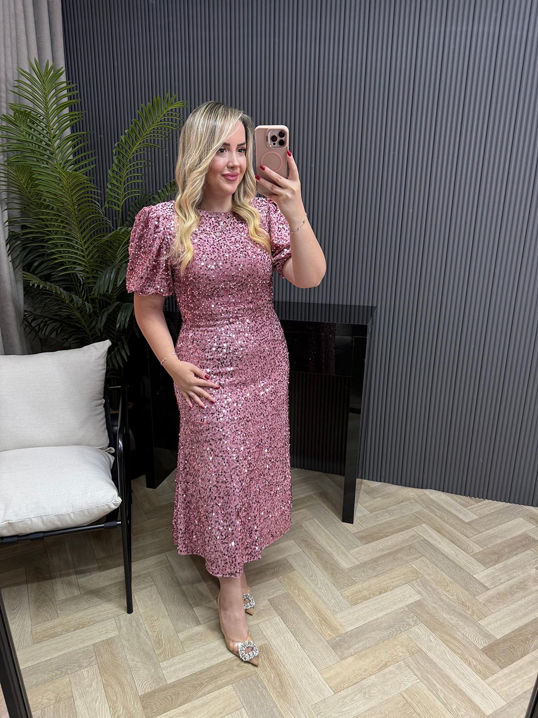 Sandra Payet Balon Kol Midi Tasarım Payet Elbise Pudra Pembe