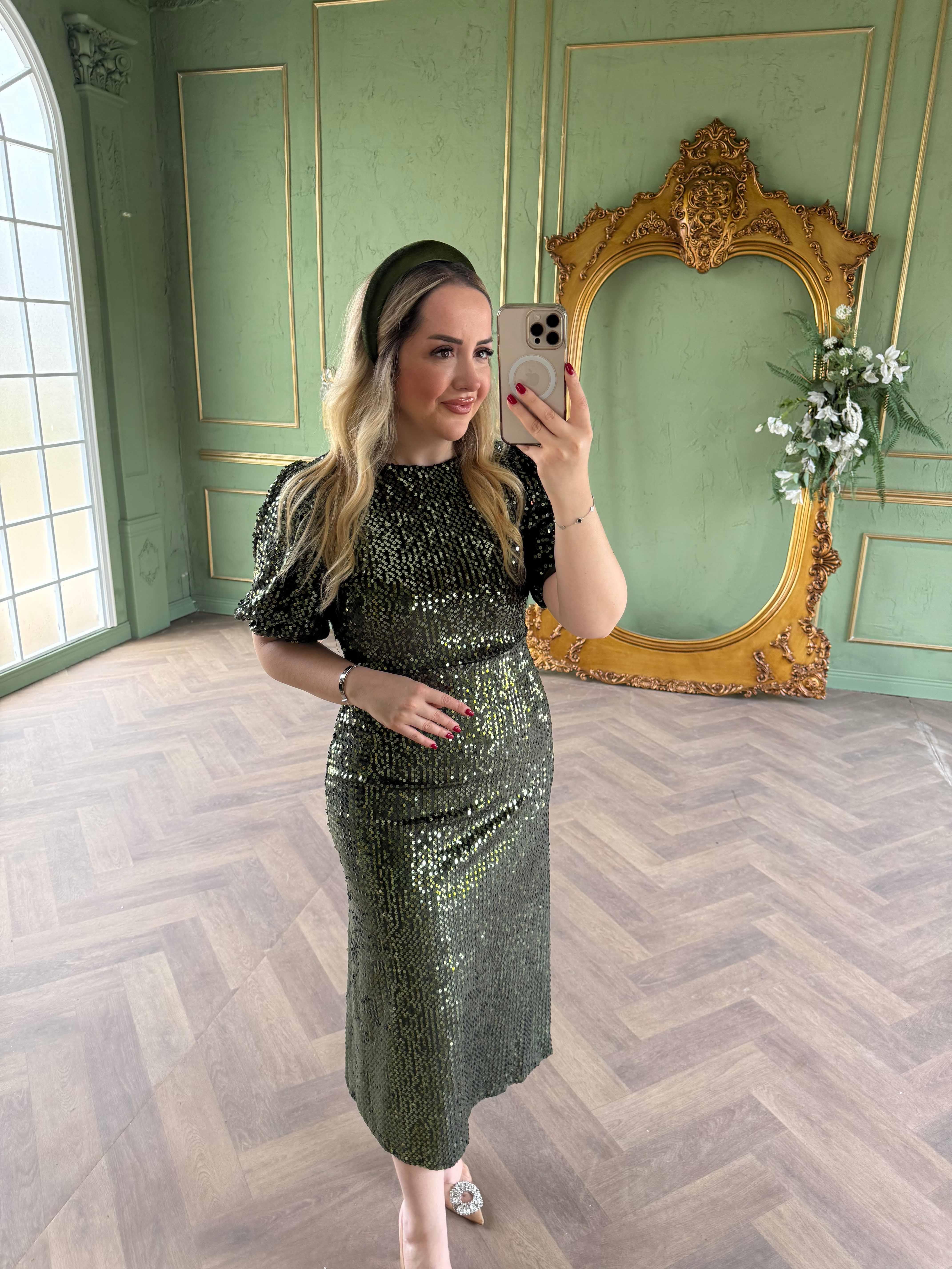 Sandra Payet Balon Kol Midi Tasarım Payet Elbise Haki