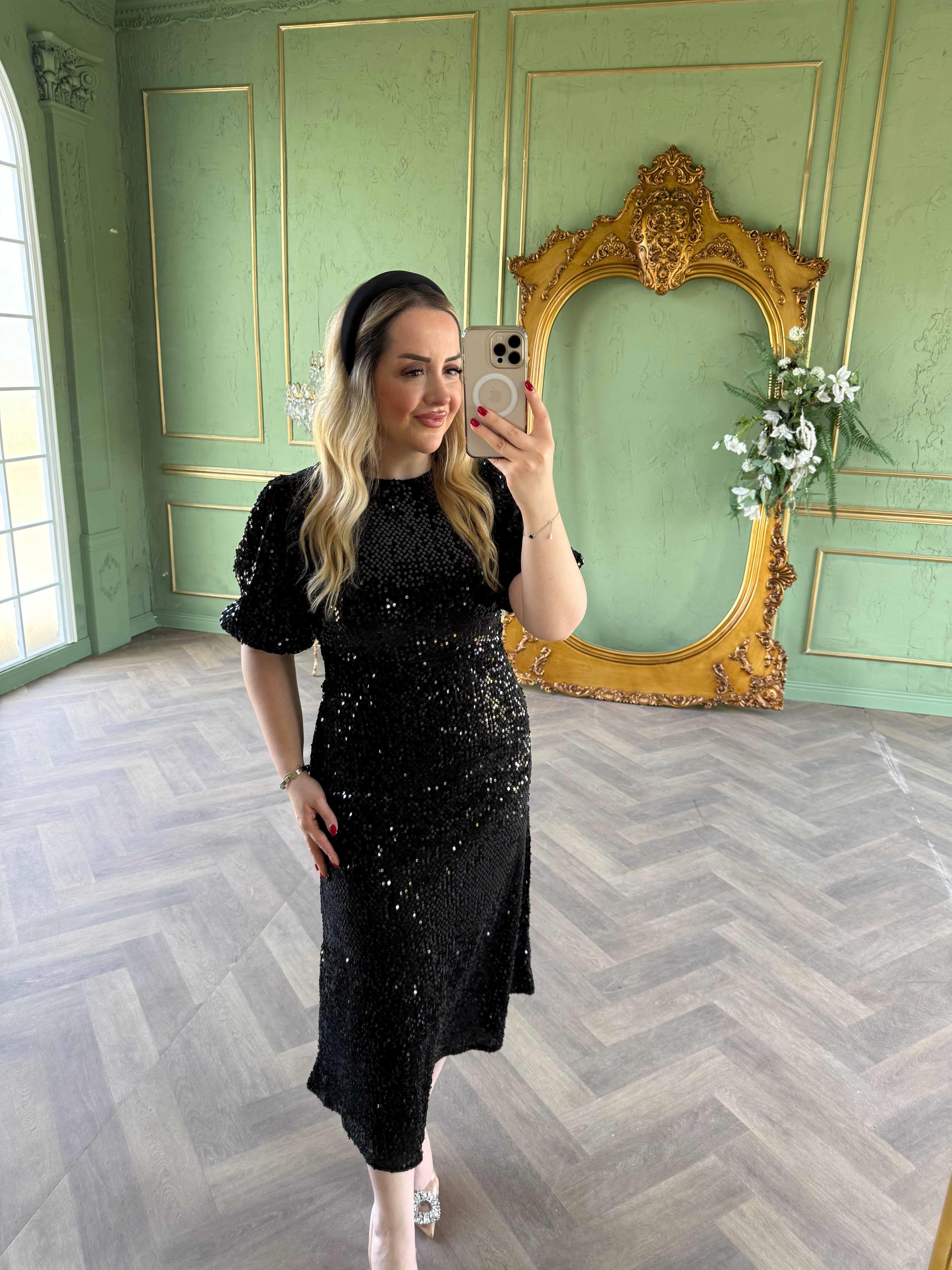 Sandra Payet Balon Kol Midi Tasarım Payet Elbise Siyah