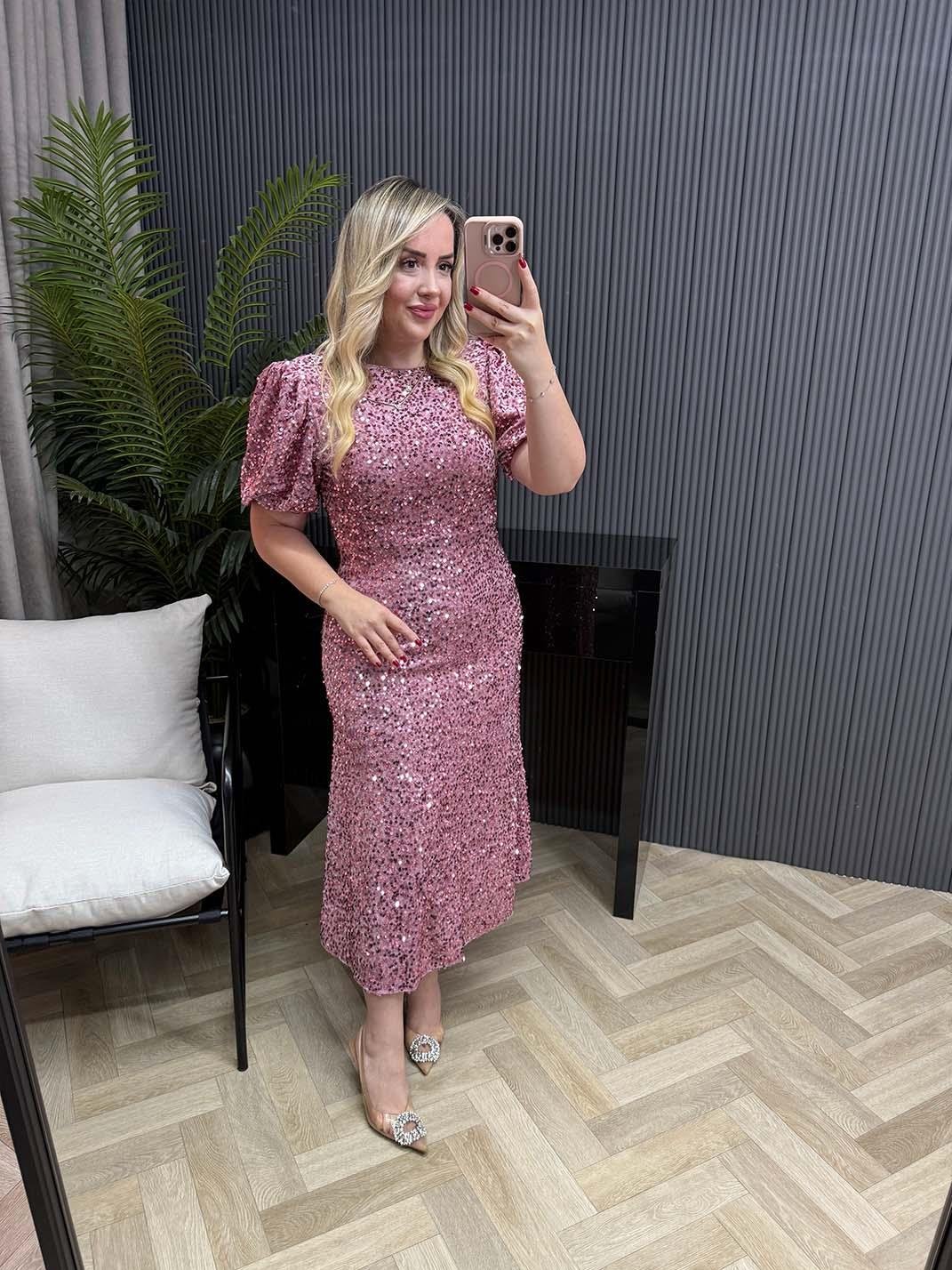 Sandra Payet Balon Kol Midi Tasarım Payet Elbise Pudra Pembe