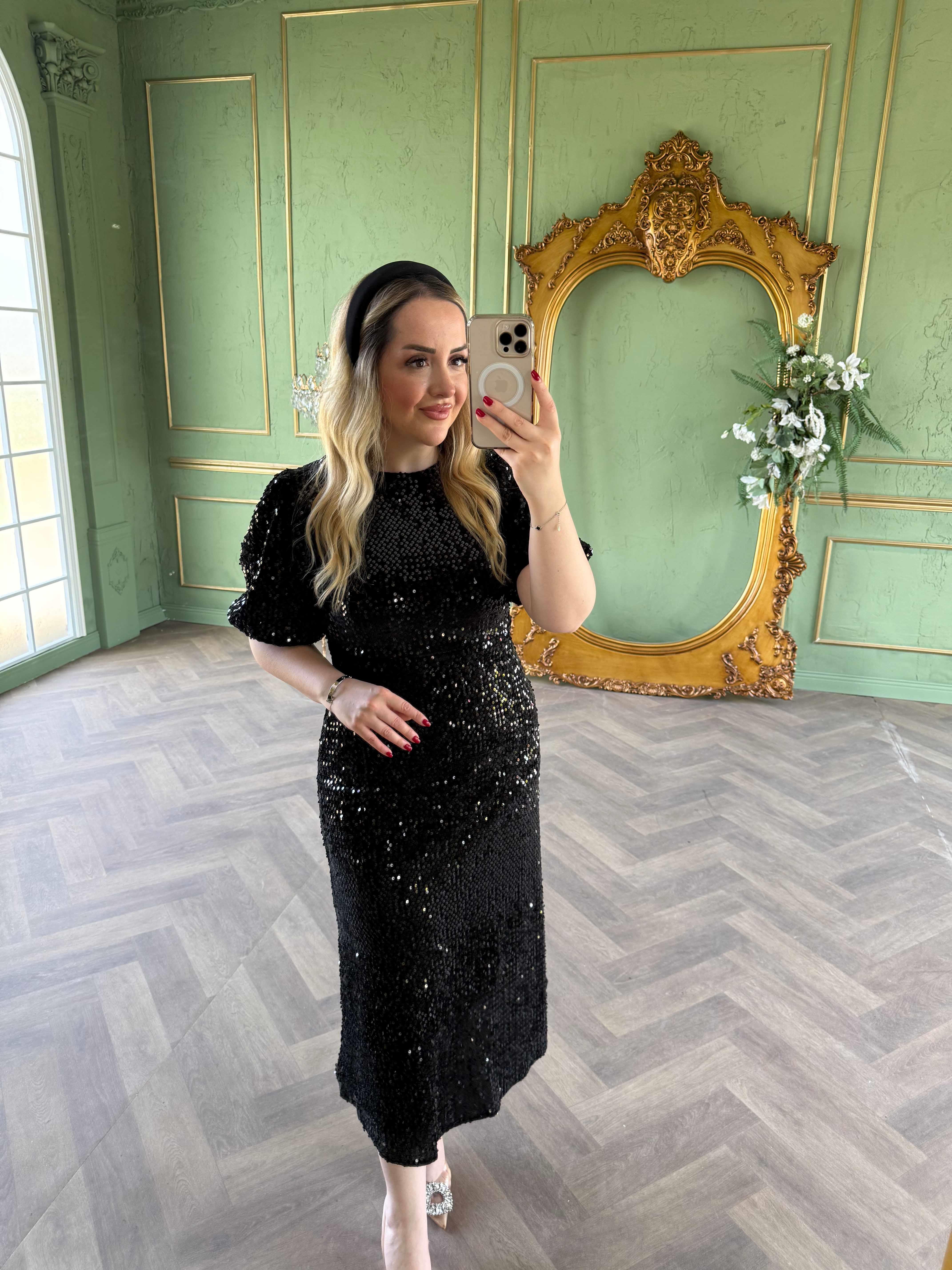 Sandra Payet Balon Kol Midi Tasarım Payet Elbise Siyah