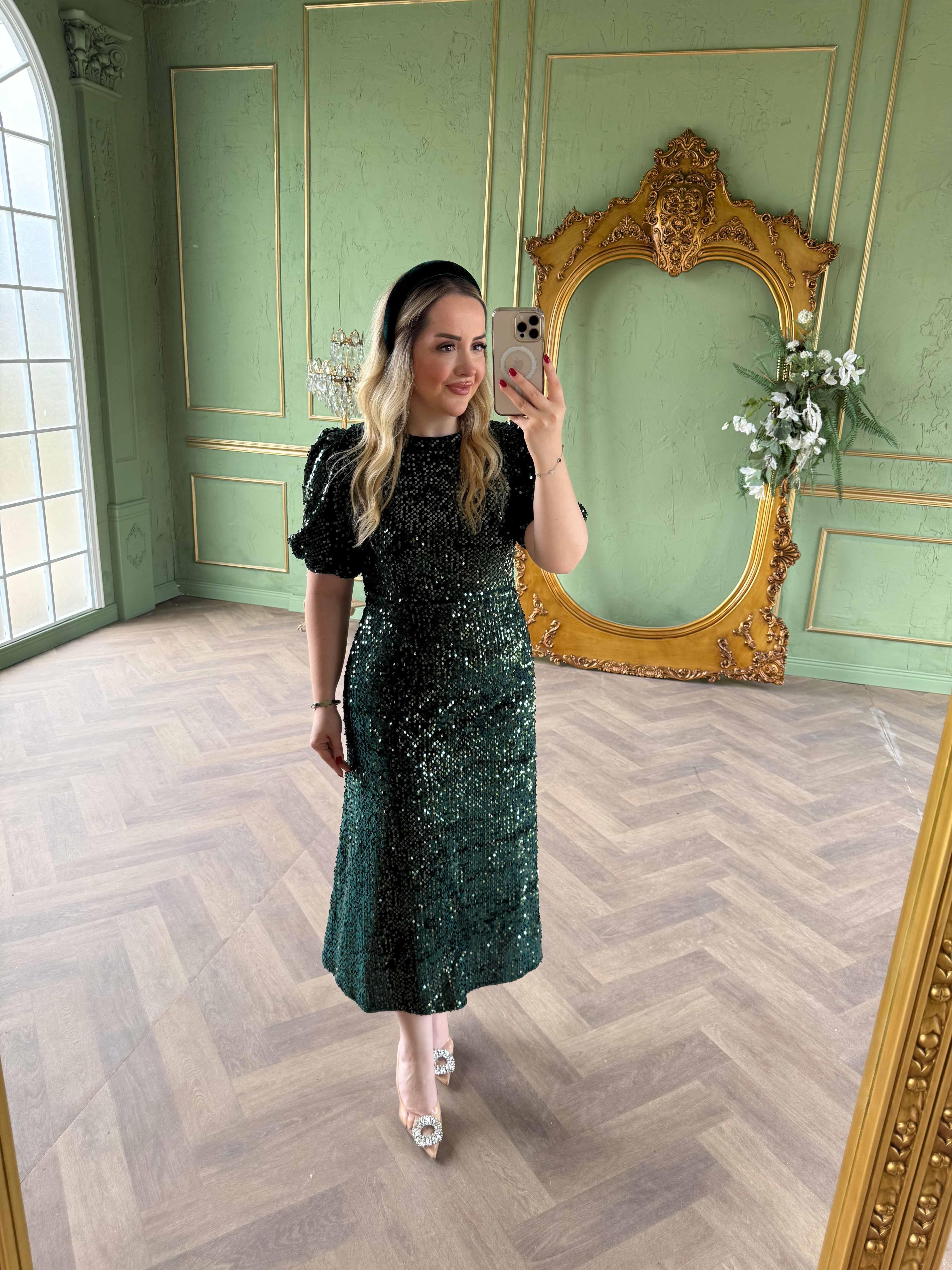 Sandra Payet Balon Kol Midi Tasarım Payet Elbise Zümrüt