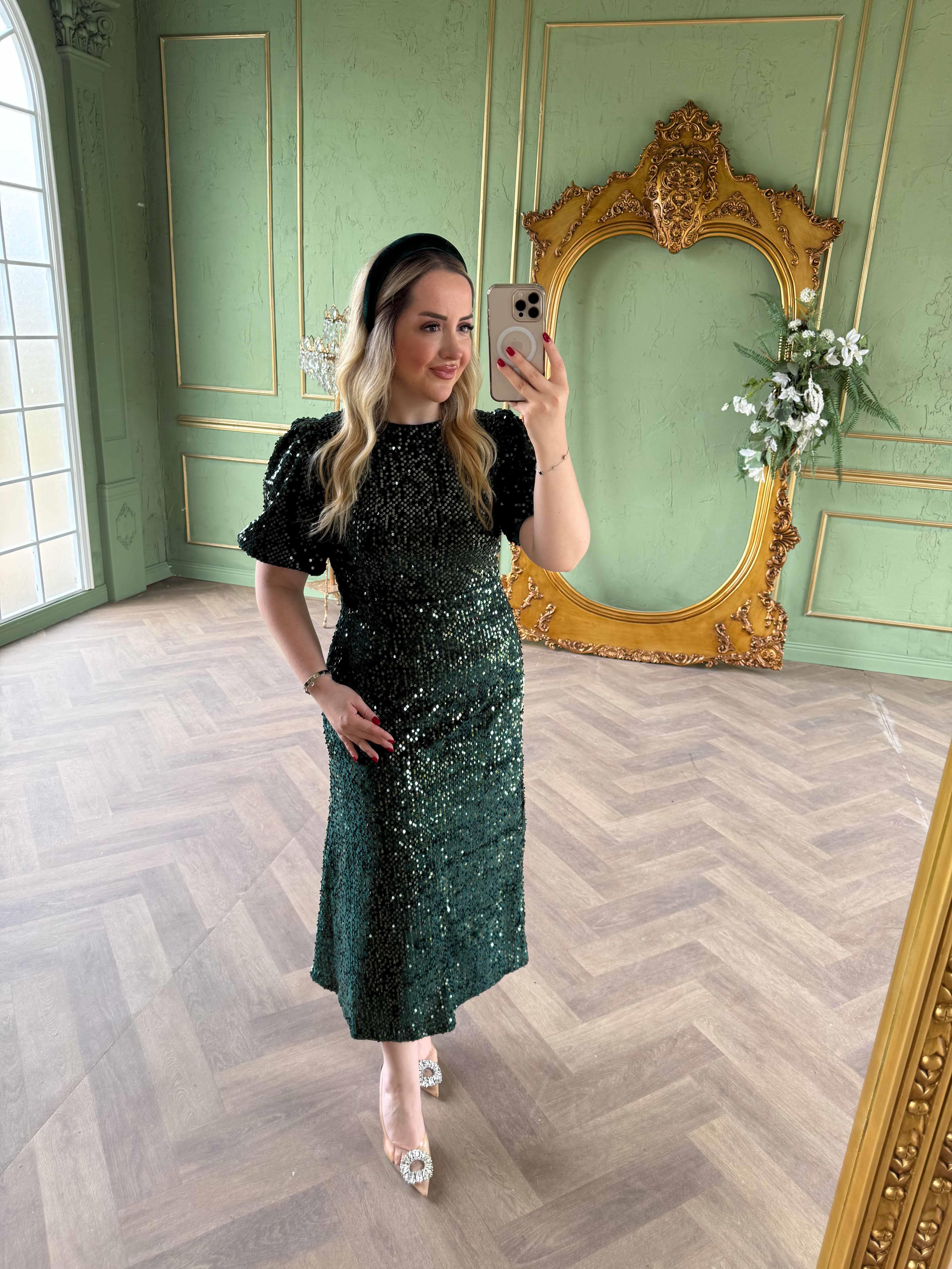 Sandra Payet Balon Kol Midi Tasarım Payet Elbise Zümrüt