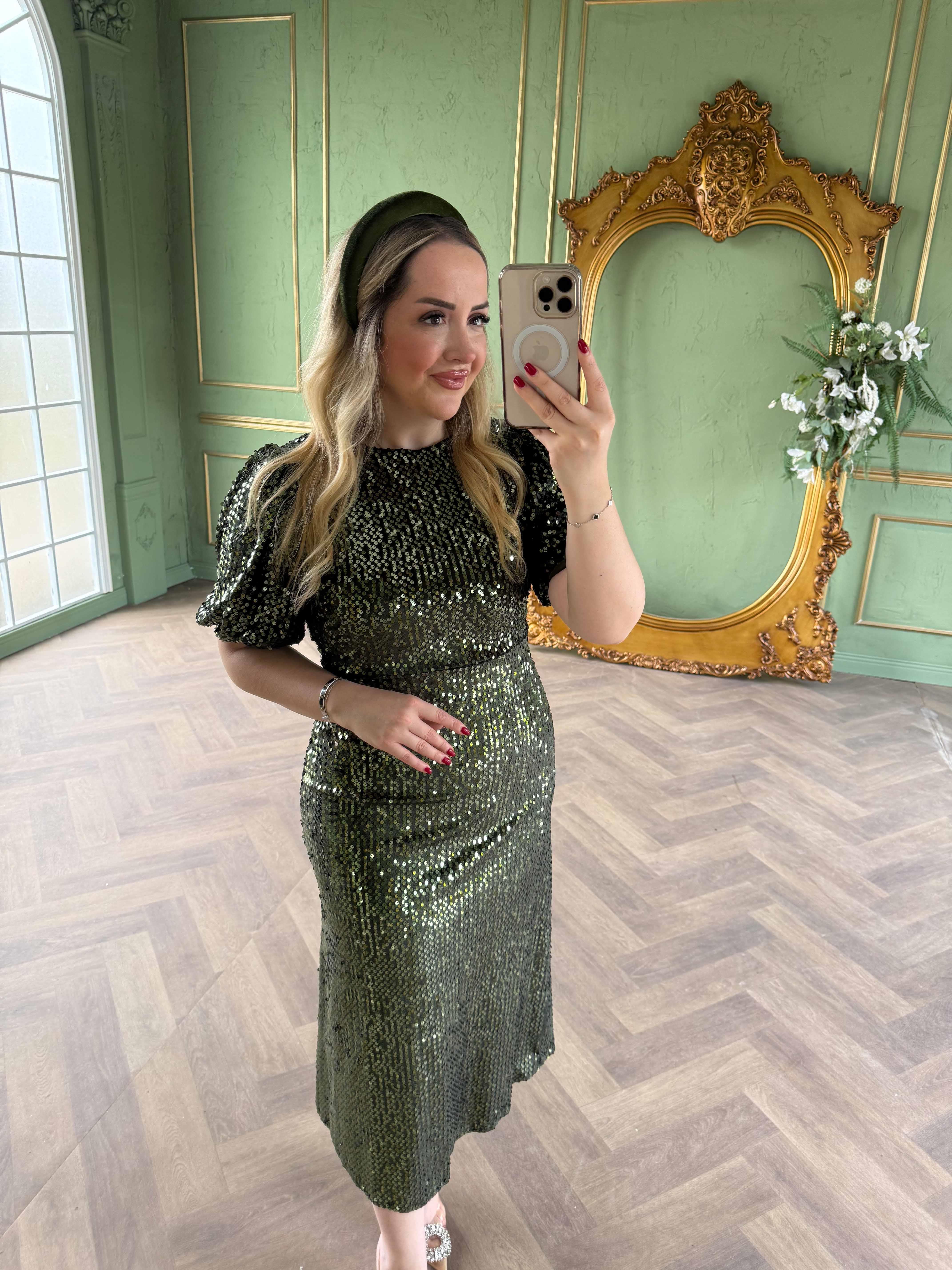 Sandra Payet Balon Kol Midi Tasarım Payet Elbise Haki