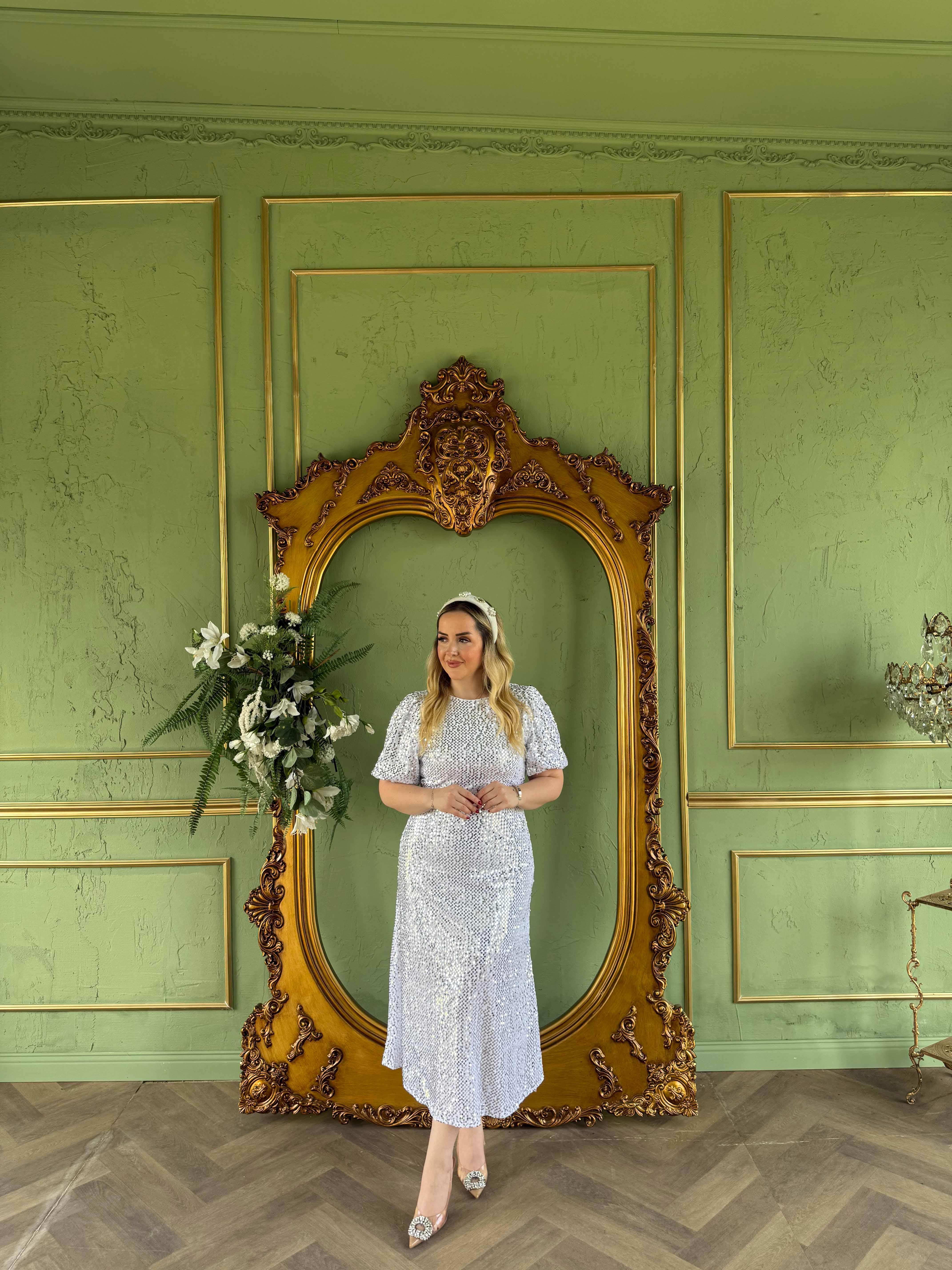 Sandra Payet Balon Kol Midi Tasarım Payet Elbise Beyaz