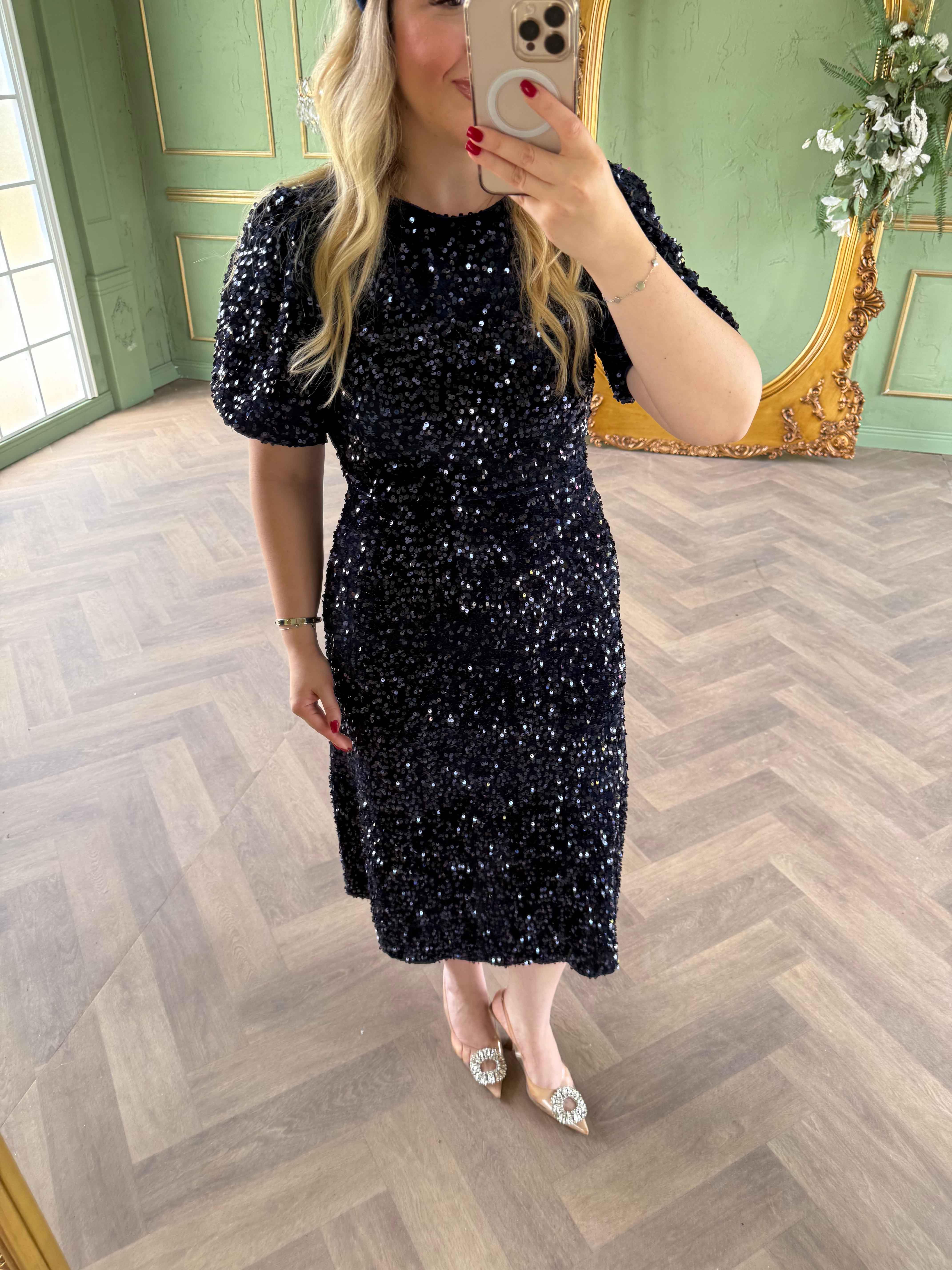 Sandra Payet Balon Kol Midi Tasarım Payet Elbise Lacivert