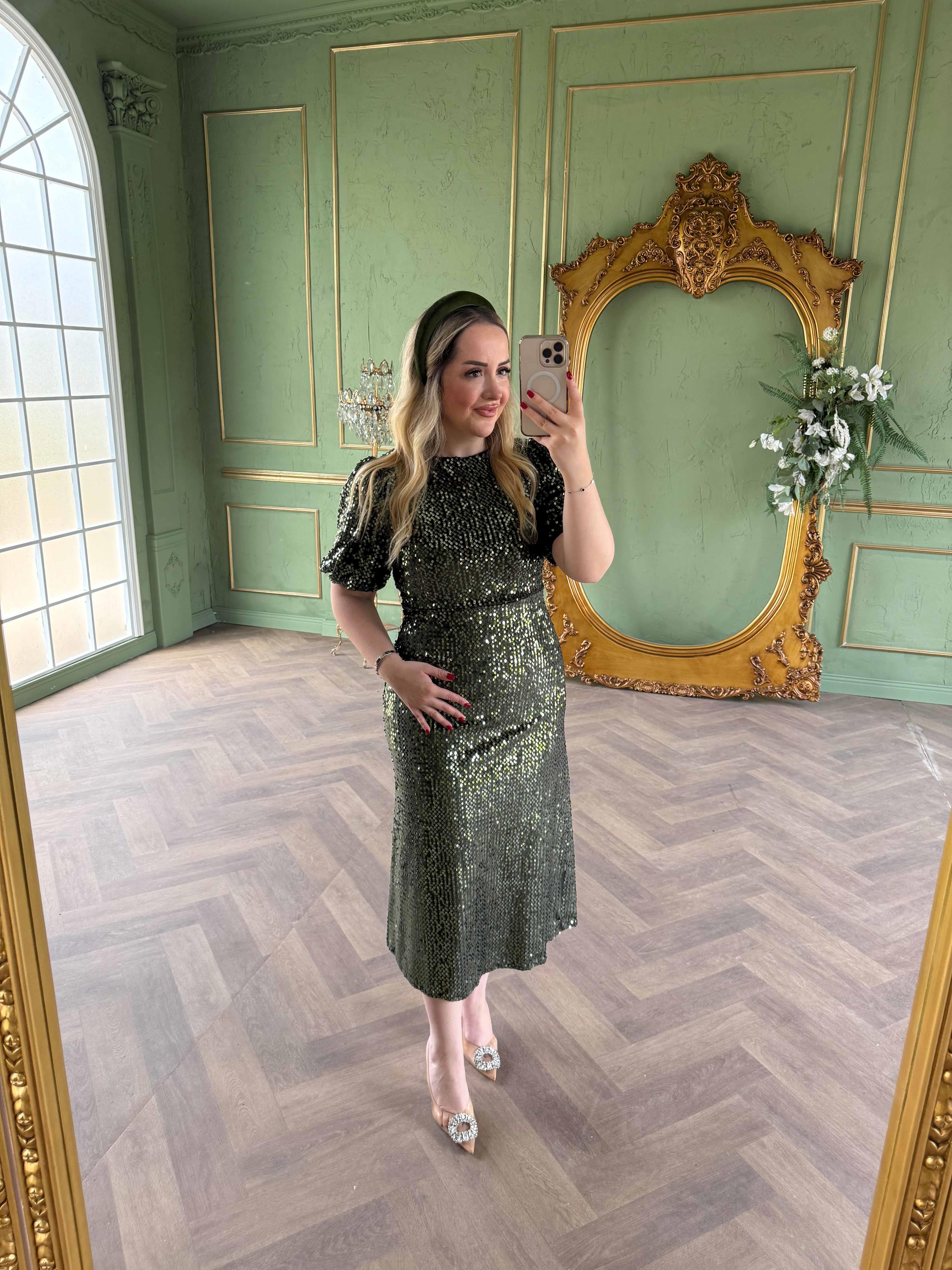 Sandra Payet Balon Kol Midi Tasarım Payet Elbise Haki