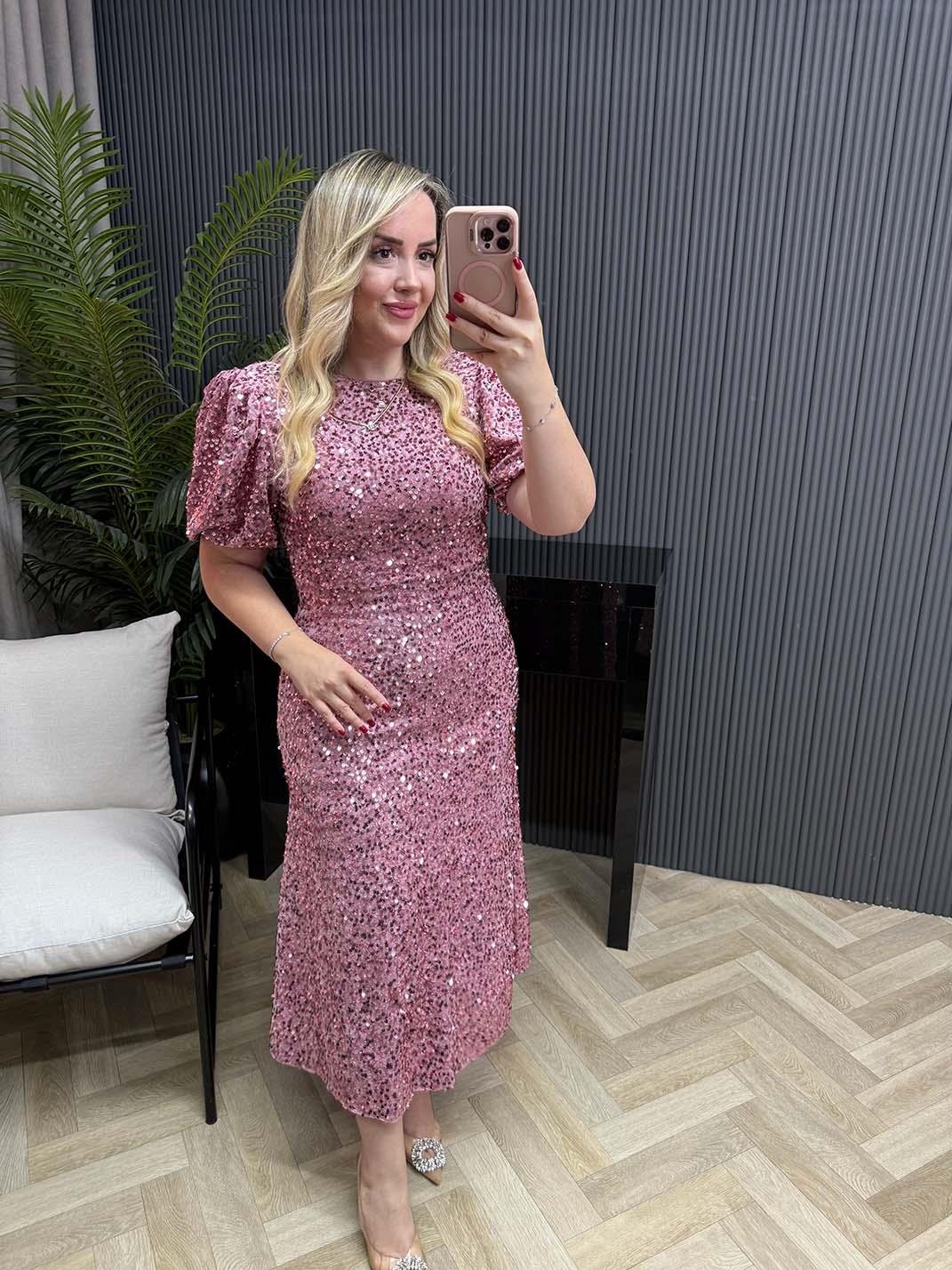 Sandra Payet Balon Kol Midi Tasarım Payet Elbise Pudra Pembe
