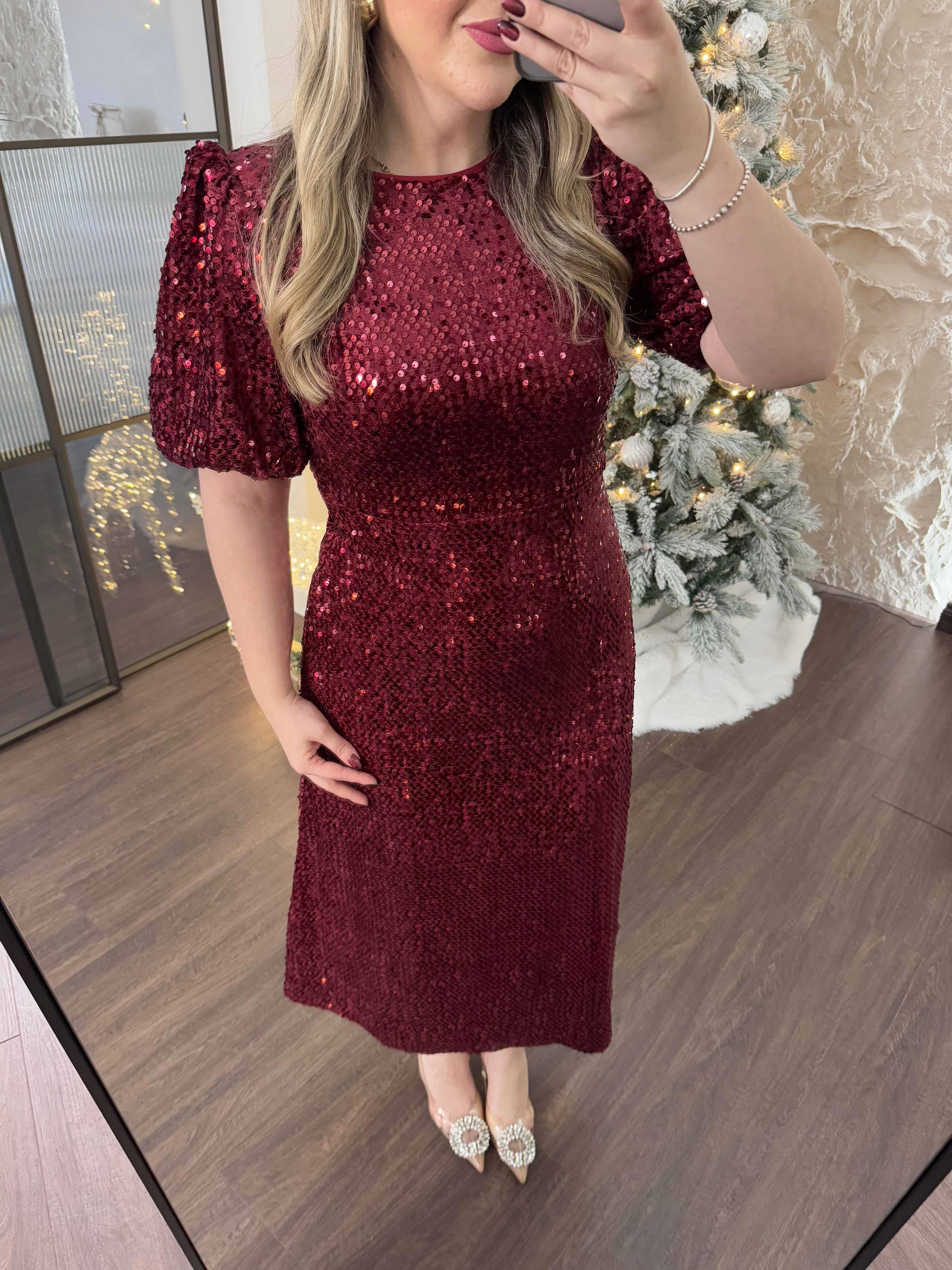 Sandra Payet Balon Kol Midi Tasarım Payet Elbise Bordo