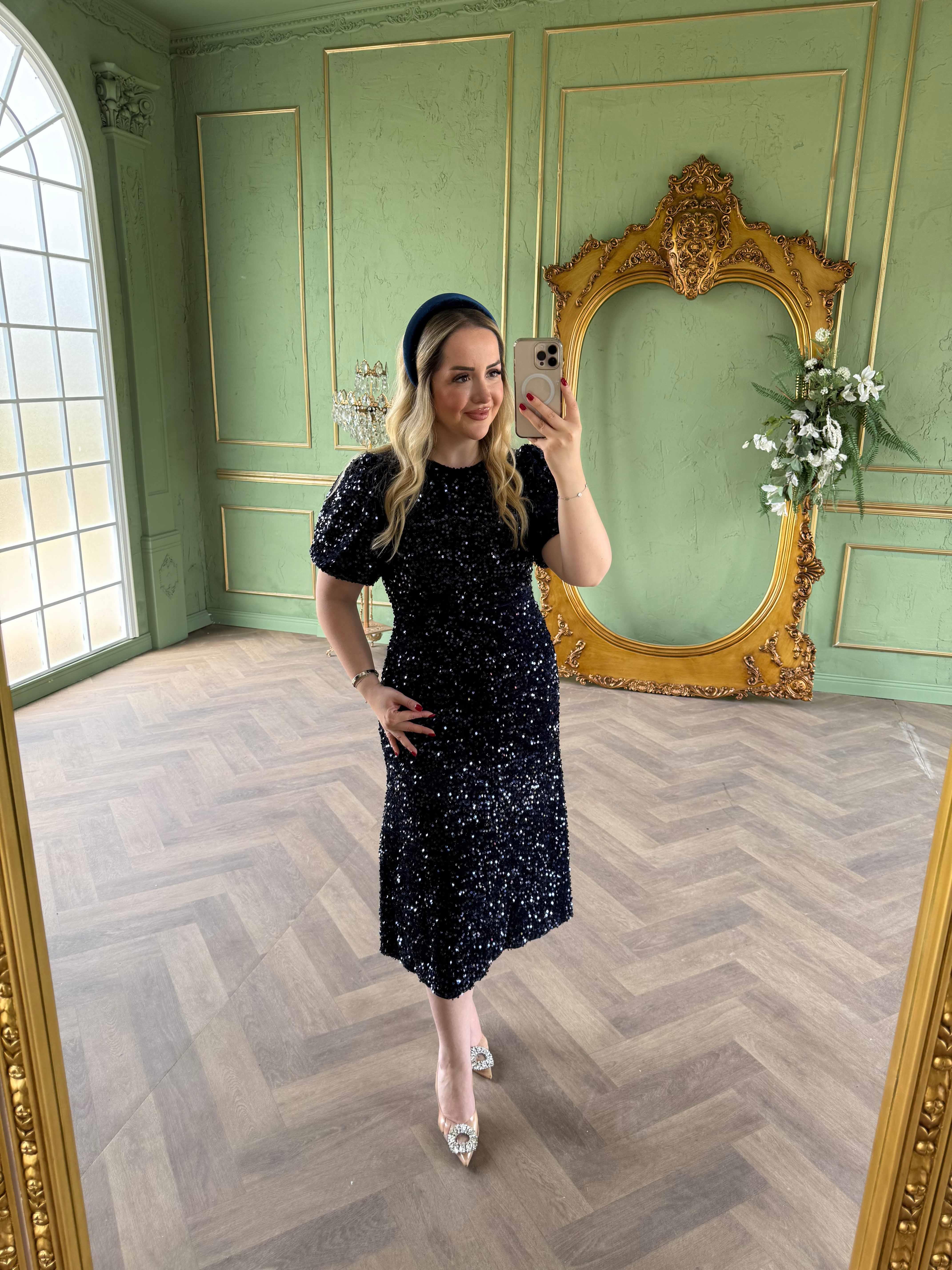 Sandra Payet Balon Kol Midi Tasarım Payet Elbise Lacivert