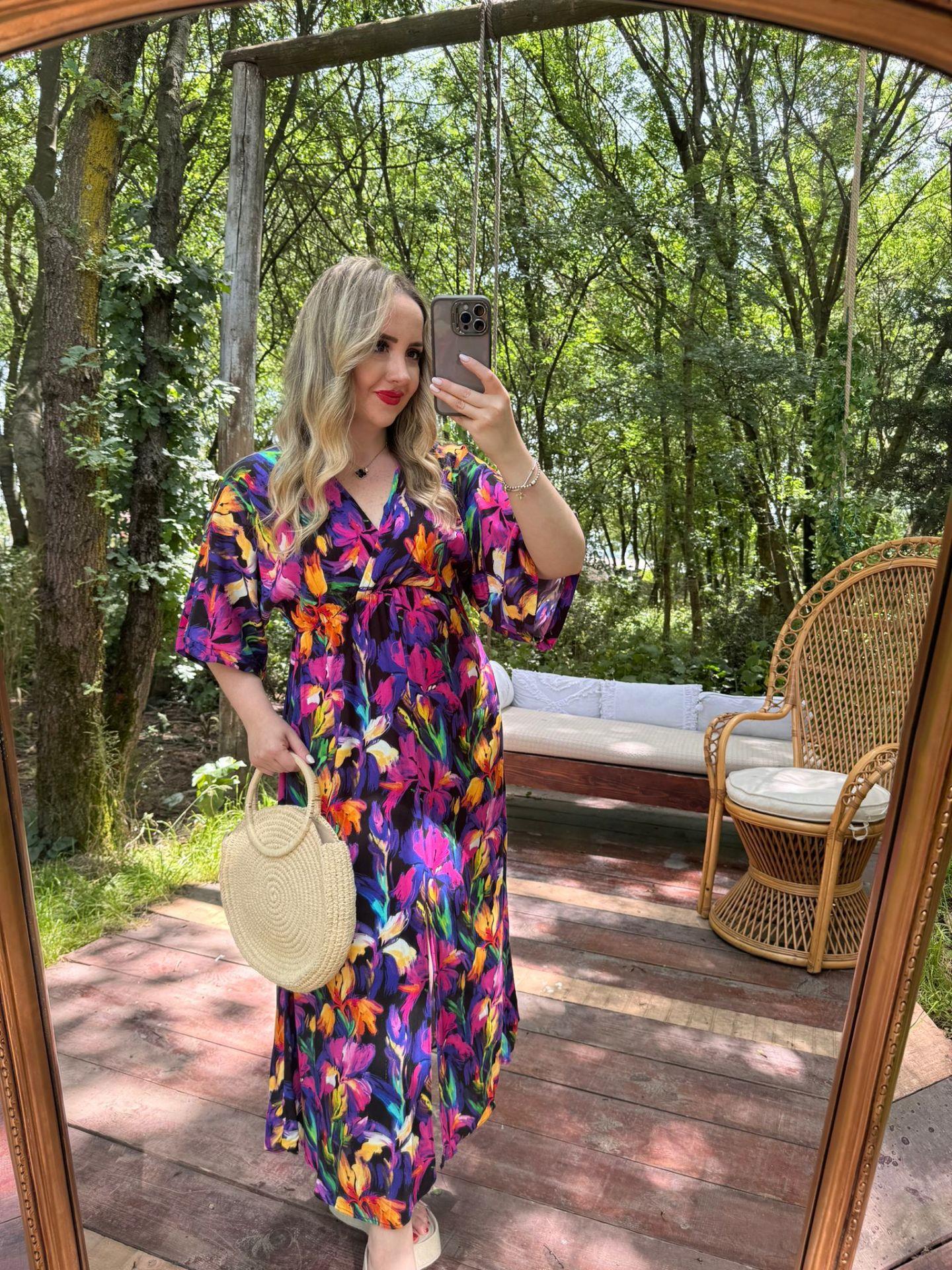 SERENA MOR ÇİÇEKLİ BELİ LASTIKLI ELBİSE