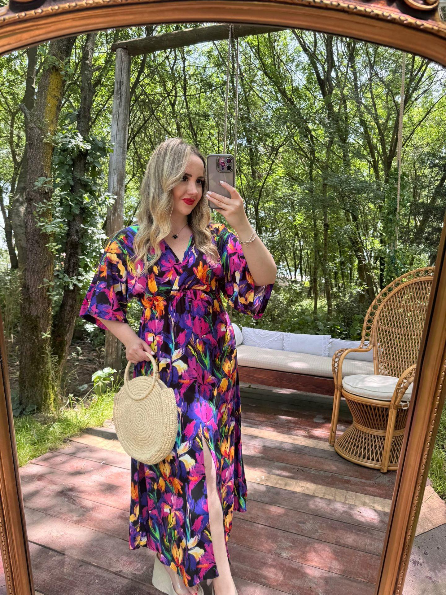 SERENA MOR ÇİÇEKLİ BELİ LASTIKLI ELBİSE