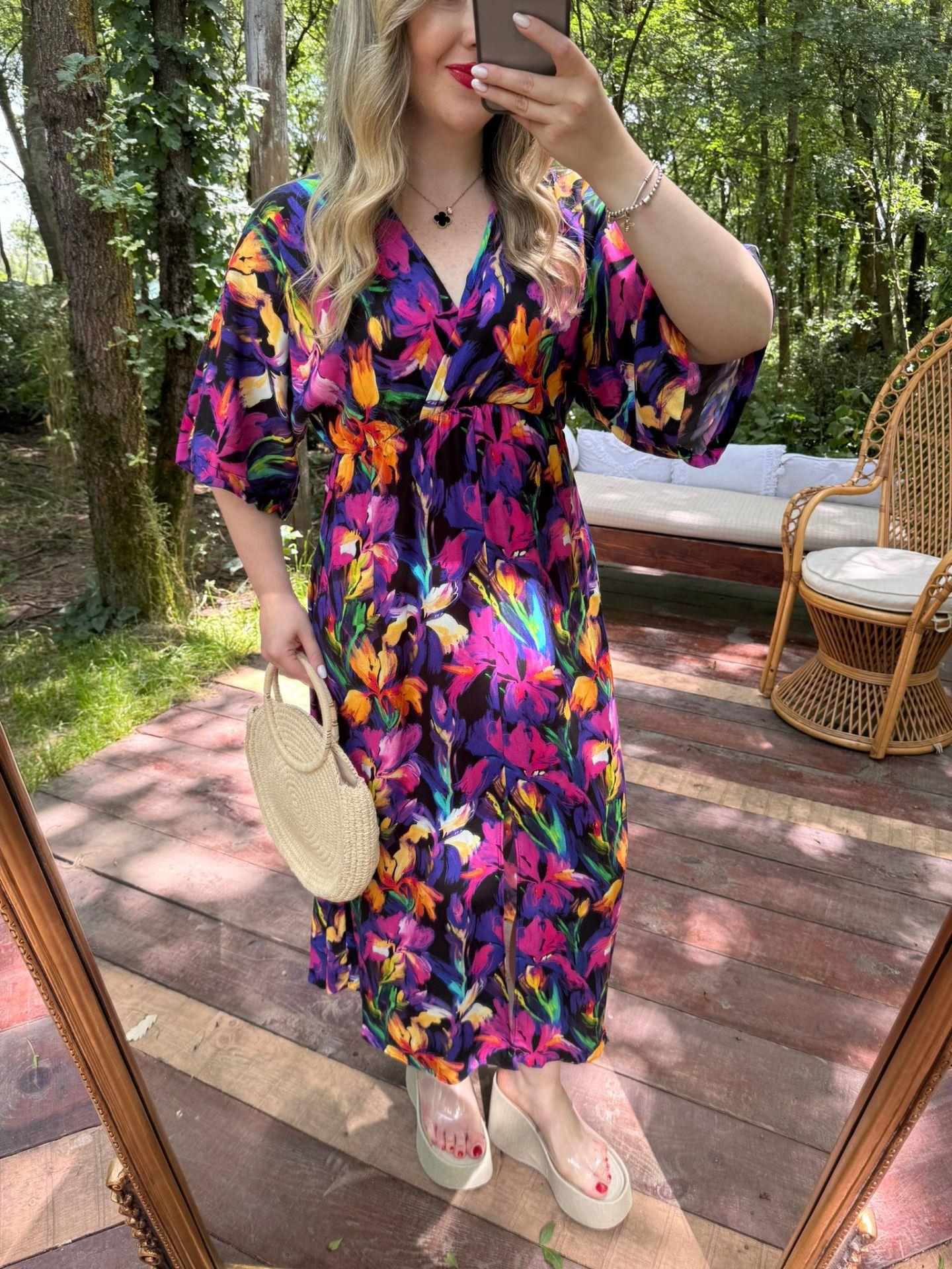 SERENA MOR ÇİÇEKLİ BELİ LASTIKLI ELBİSE