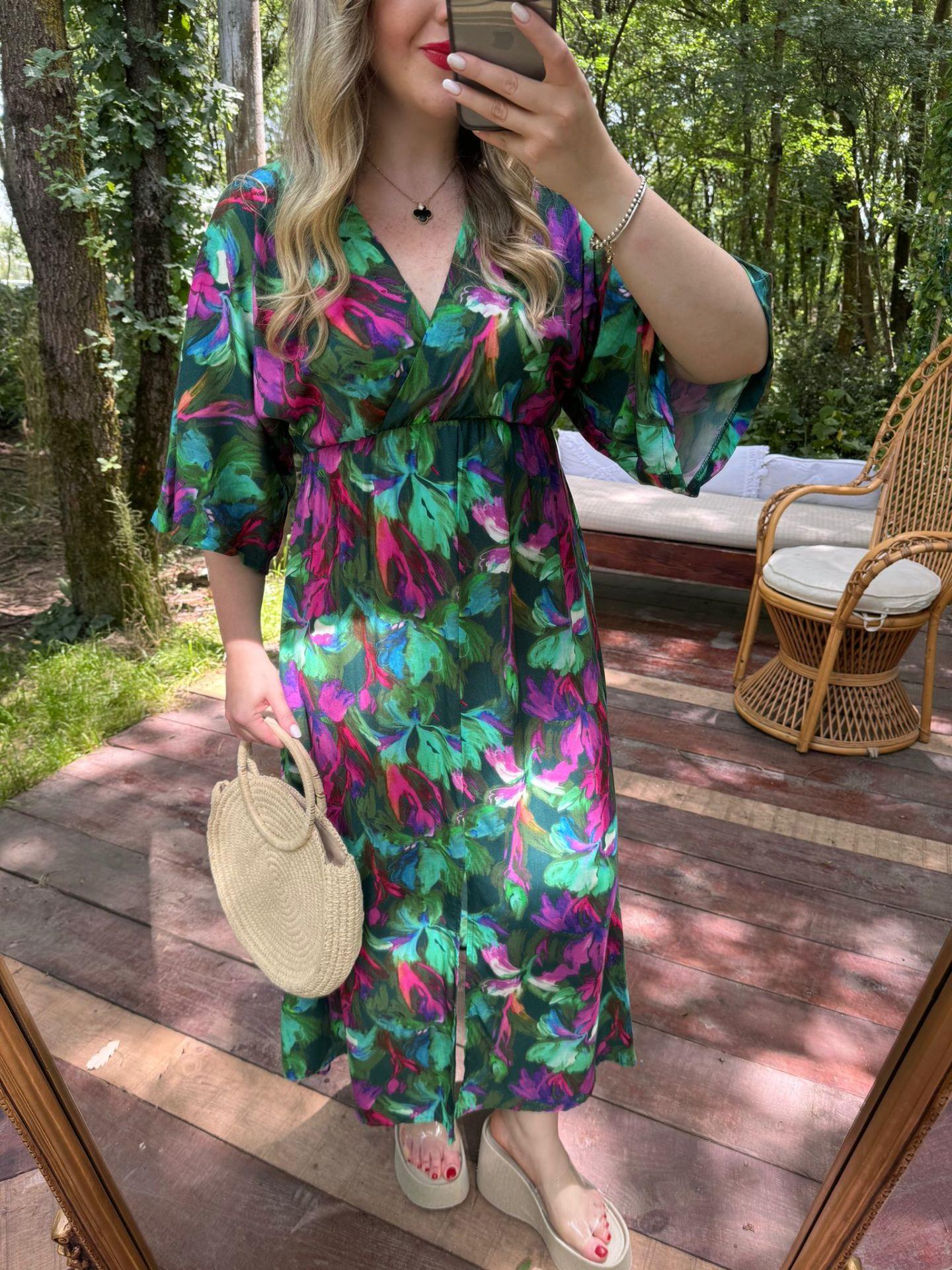 SERENA YEŞİL ÇİÇEKLİ BELİ LASTIKLI ELBİSE