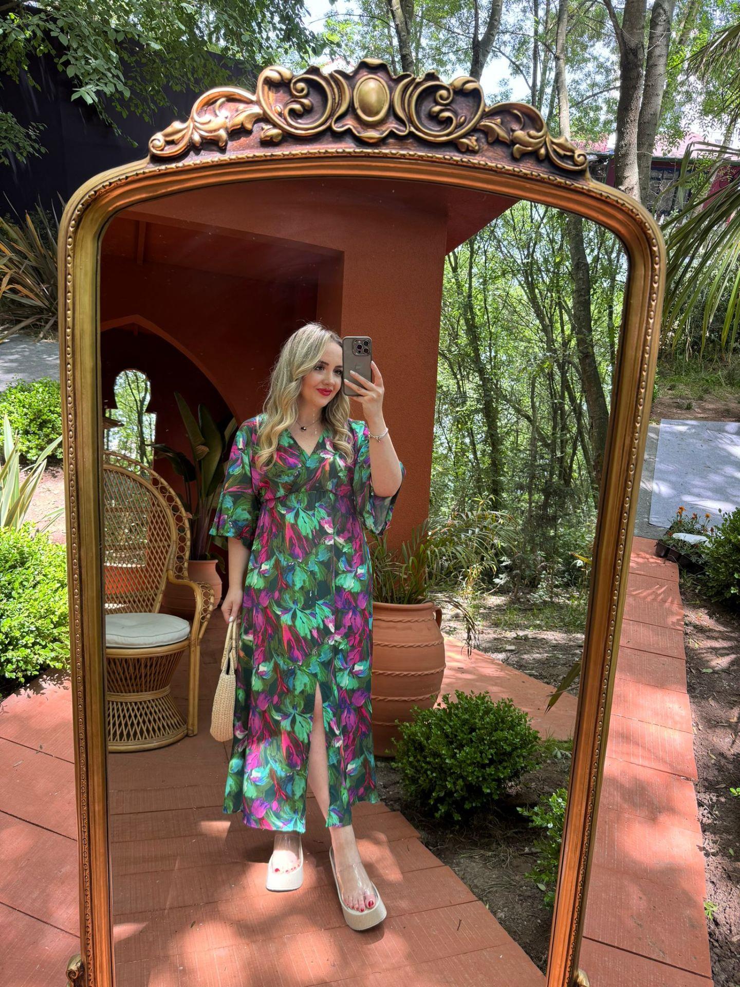 SERENA YEŞİL ÇİÇEKLİ BELİ LASTIKLI ELBİSE