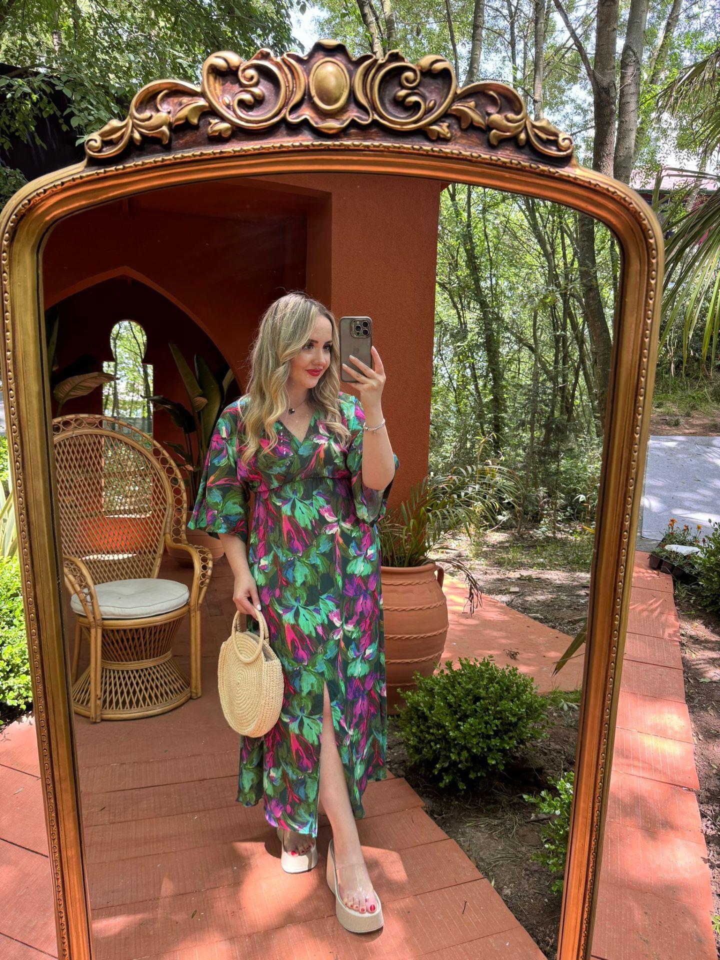 SERENA YEŞİL ÇİÇEKLİ BELİ LASTIKLI ELBİSE