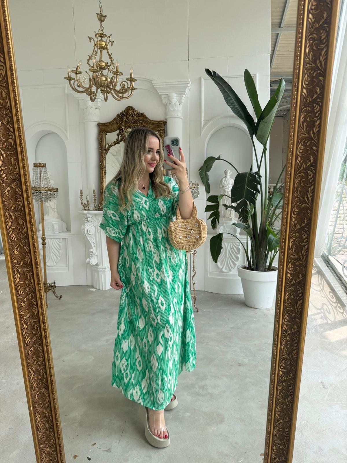 SERENA YIRTMAÇSİZ MAXİ BOY DAMLA MODEL YEŞİL RENK ELBİSE