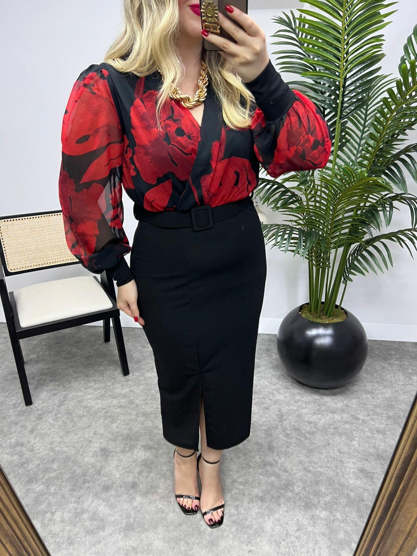 ŞİFON GÖMLEK DETAYLI KALEM ELBİSE KİRMİZİ