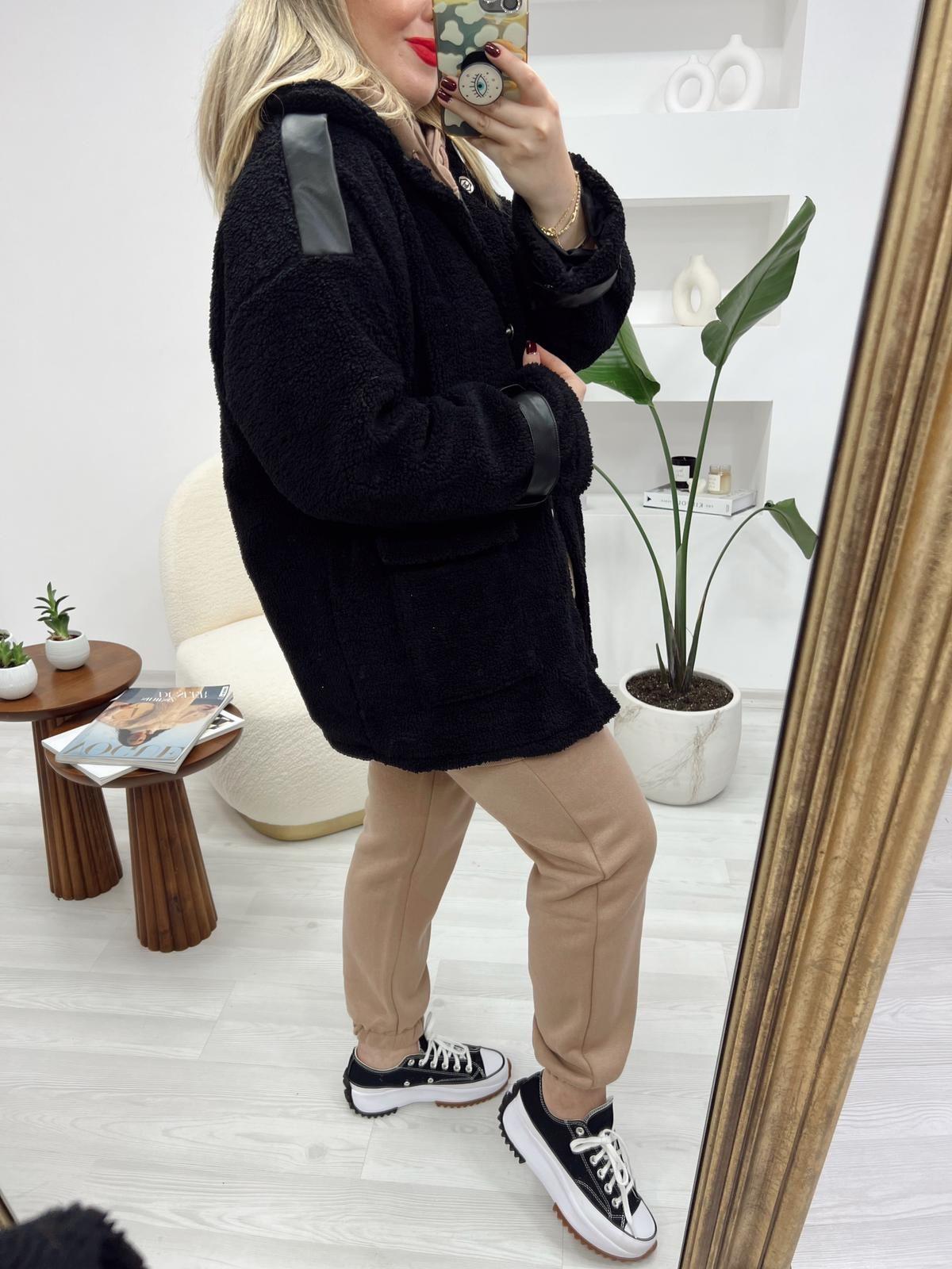 TEDDY DERİ DETAYLI SİYAH ASTARLI MONT