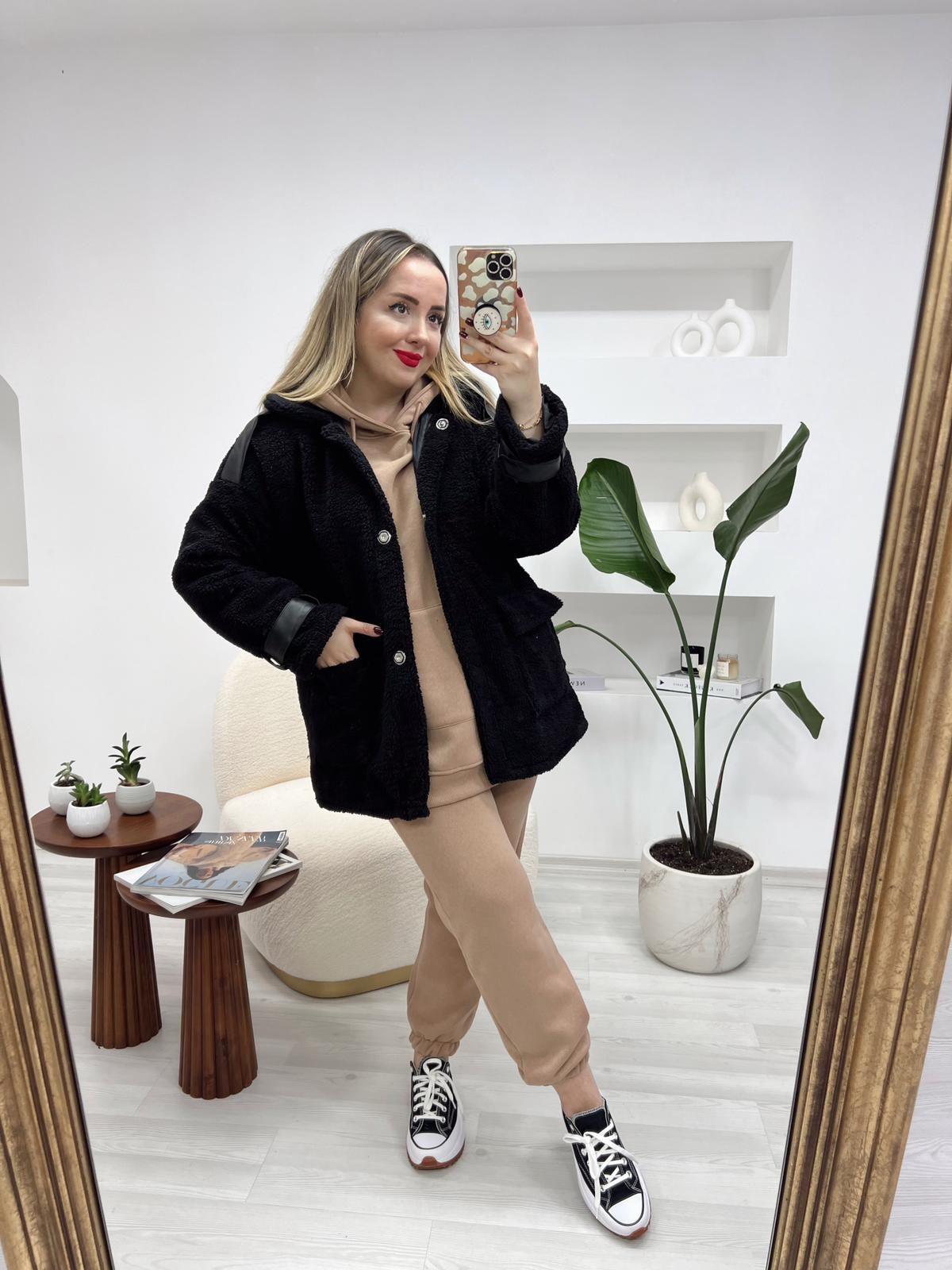 TEDDY DERİ DETAYLI SİYAH ASTARLI MONT