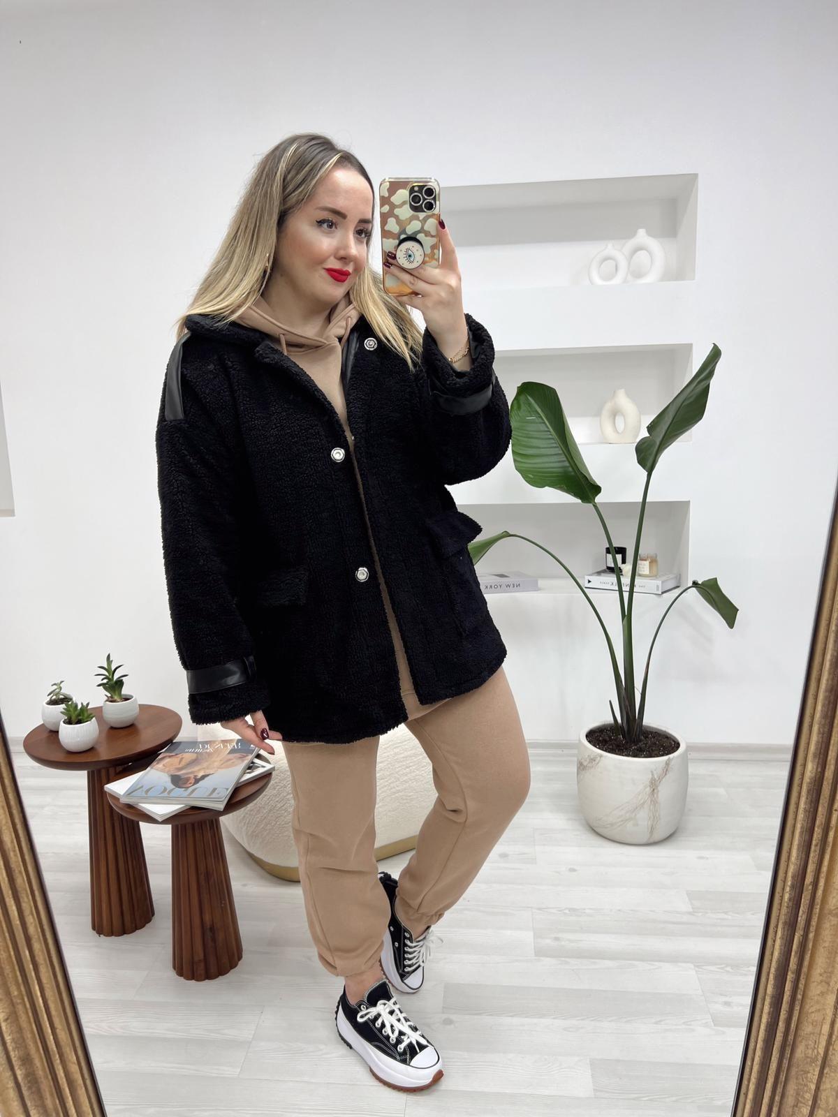 TEDDY DERİ DETAYLI SİYAH ASTARLI MONT