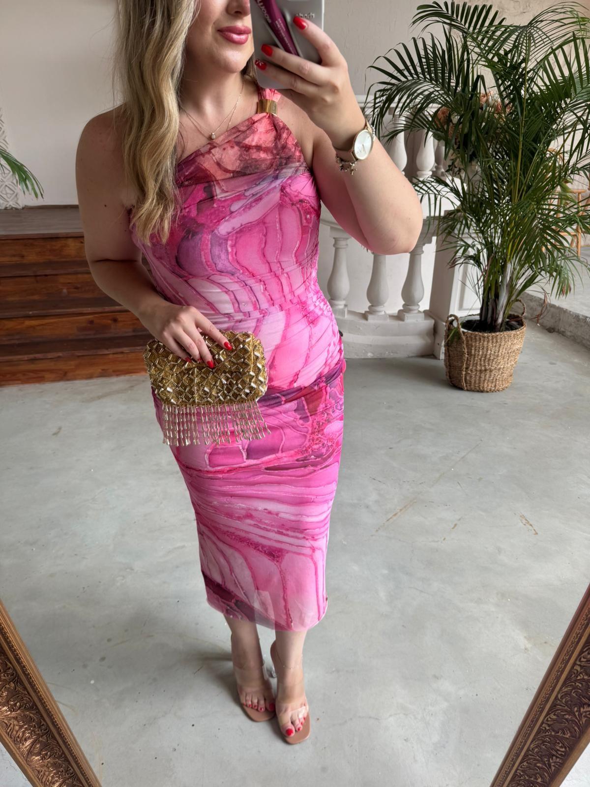 TEK OMUZLU GOLD DETAYLI TÜL ELBİSE PEMBE