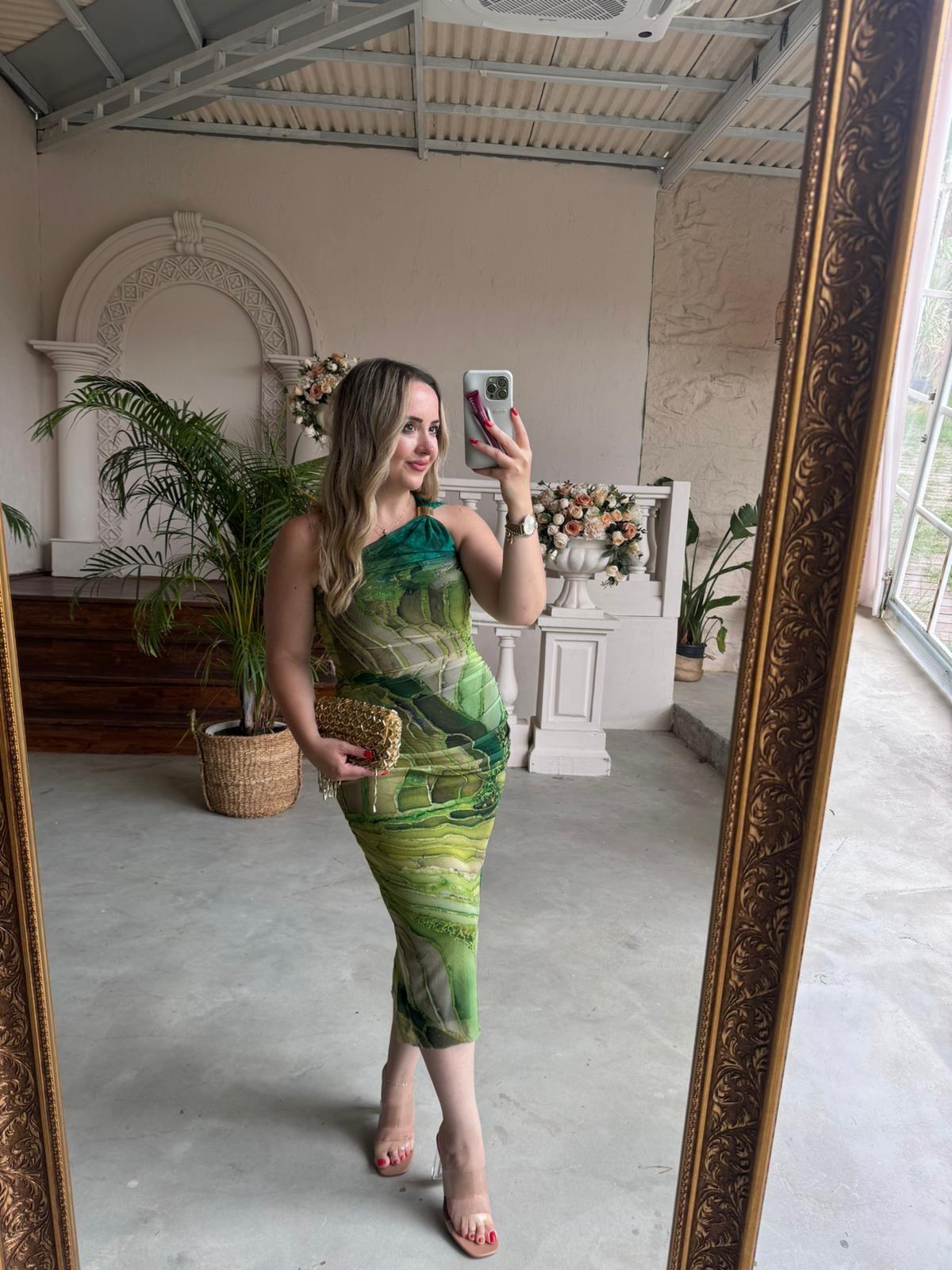 TEK OMUZLU GOLD DETAYLI TÜL ELBİSE YEŞİL