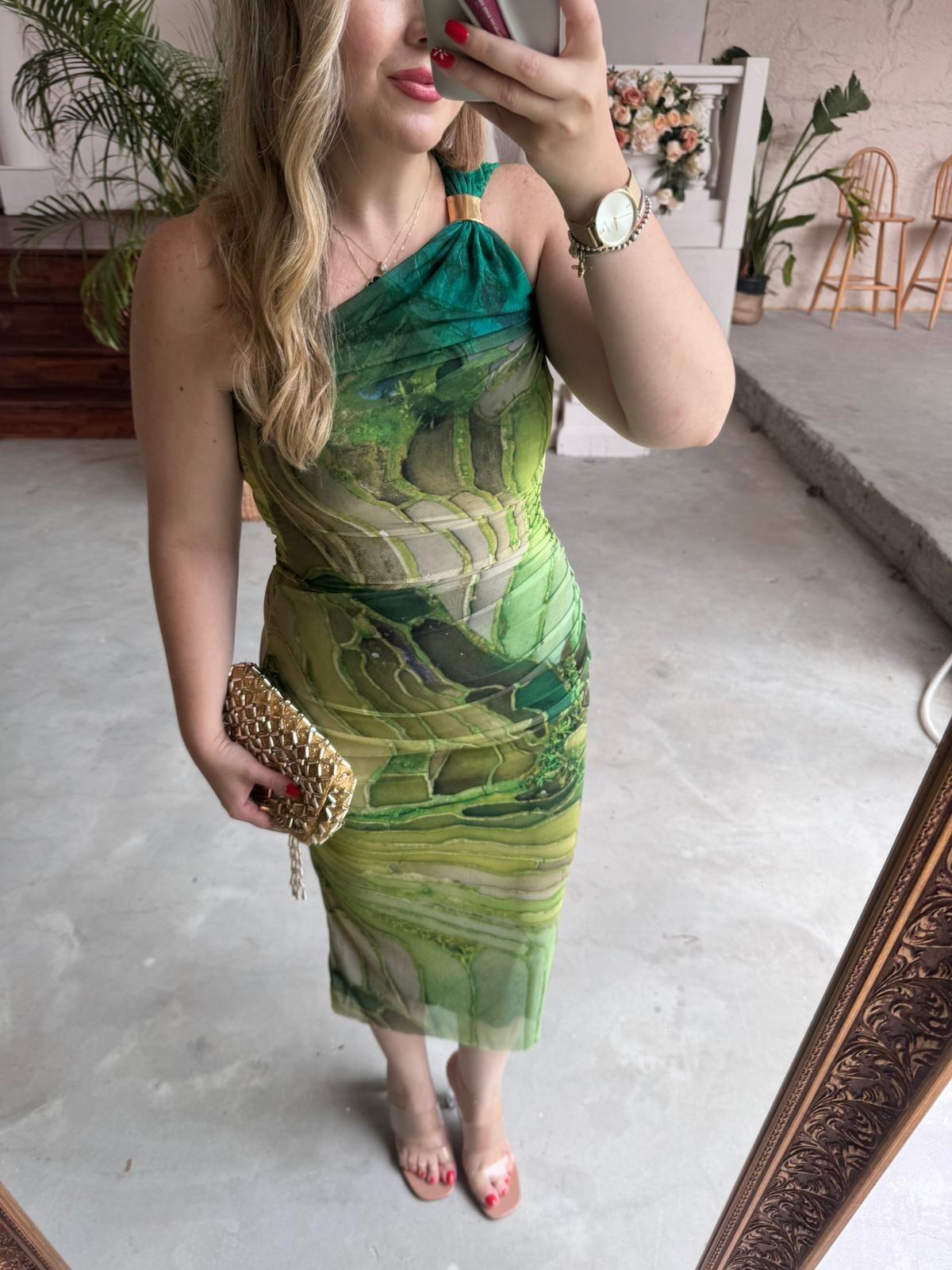 TEK OMUZLU GOLD DETAYLI TÜL ELBİSE YEŞİL