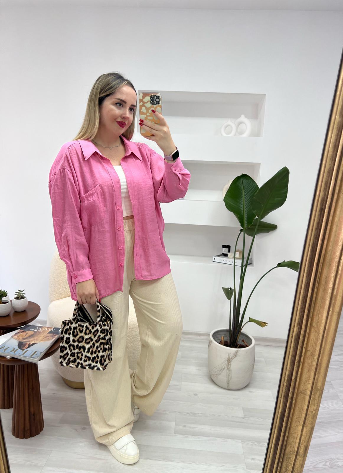 TENSEL KETEN OVERSİZE PEMBE GÖMLEK