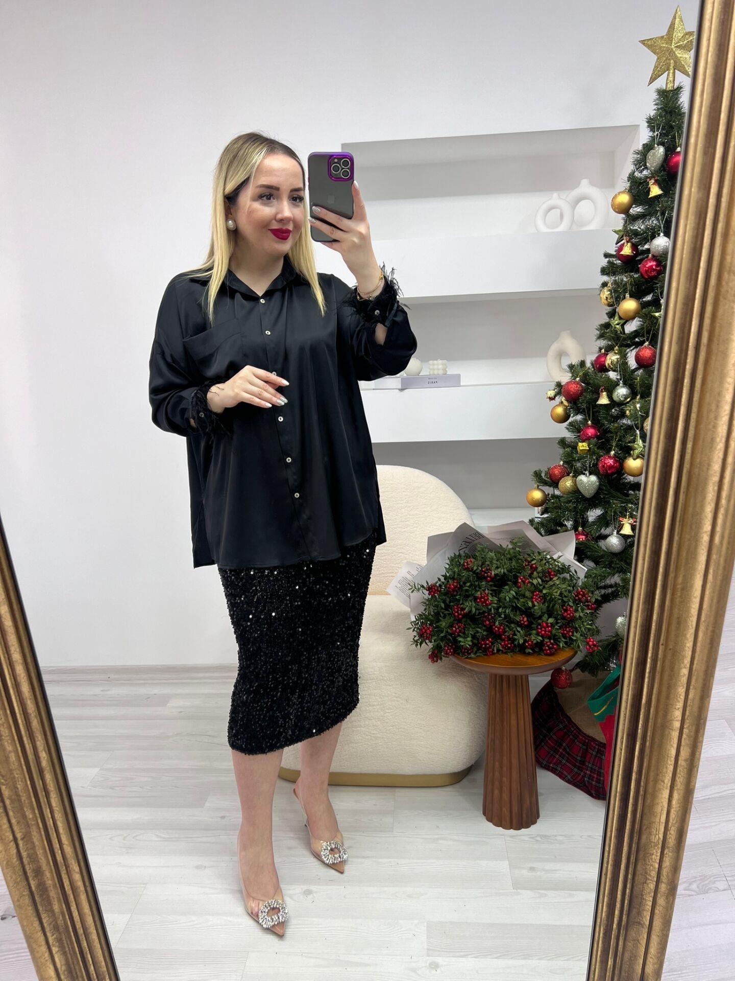 TÜTÜ DETAYLI İPEK SATEN GÖMLEK SİYAH