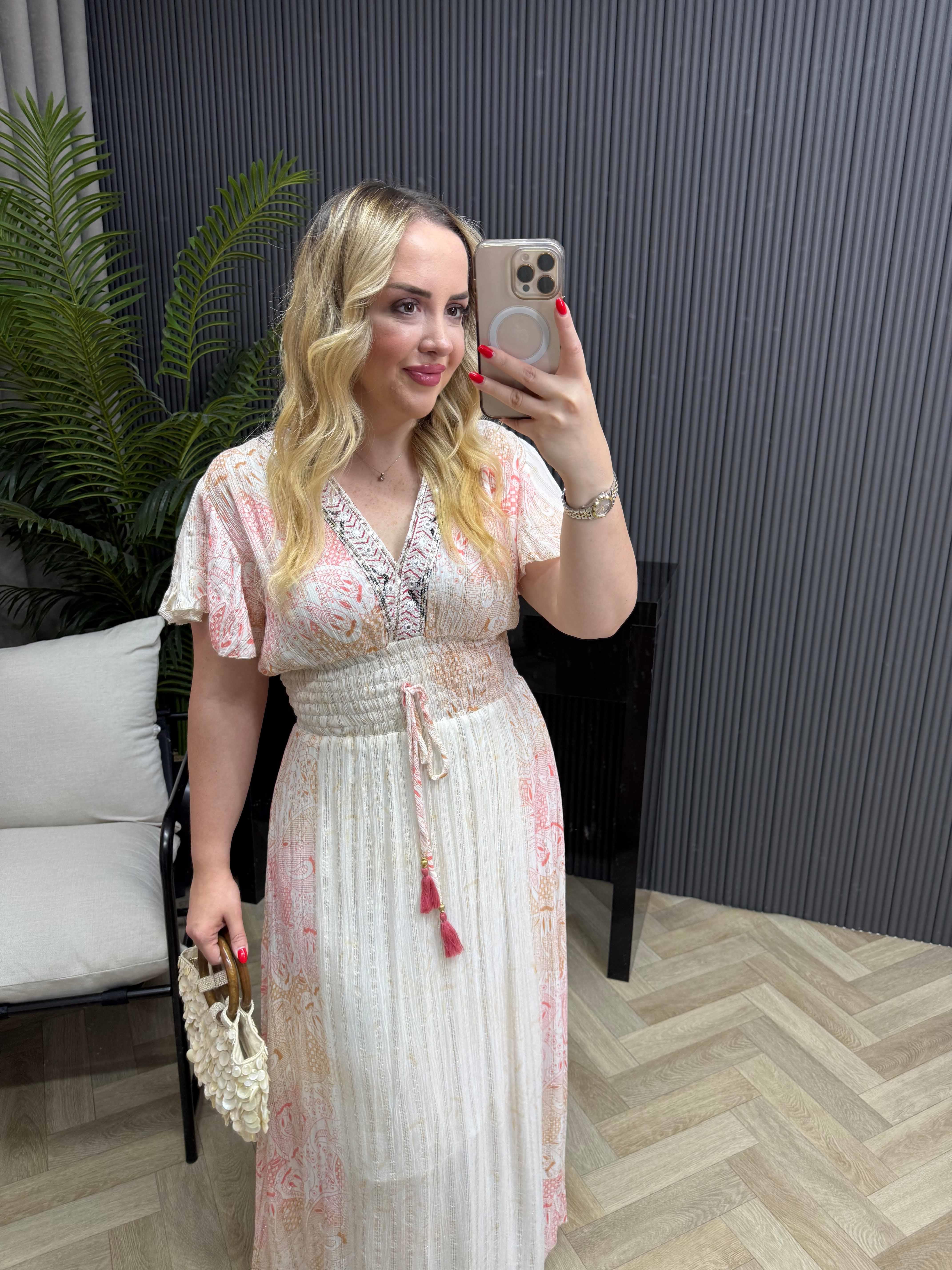 Vanessa Önü Pul Detay Beli Lastikli Tasarım İthal Elbise Mercan