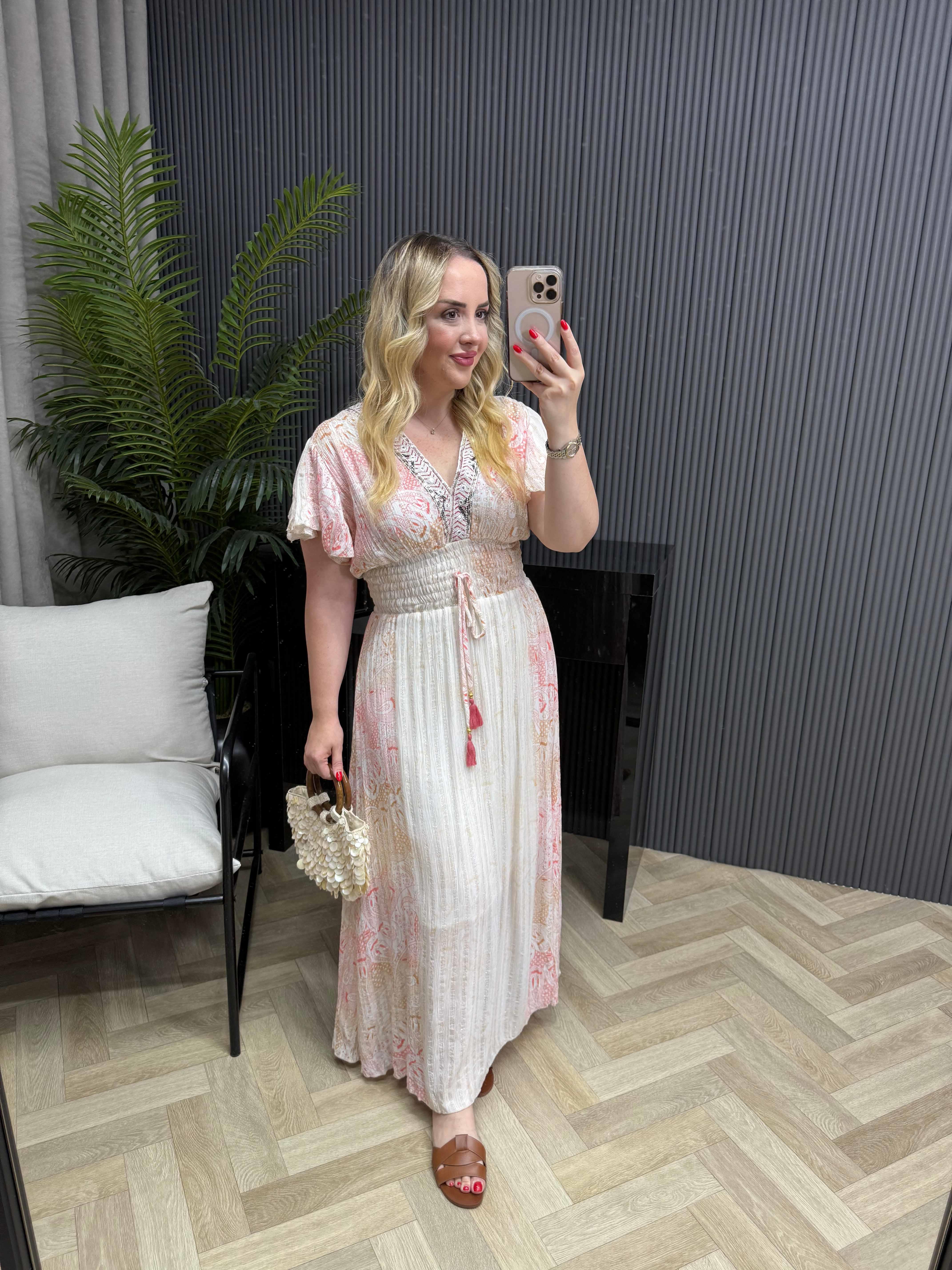 Vanessa Önü Pul Detay Beli Lastikli Tasarım İthal Elbise Mercan