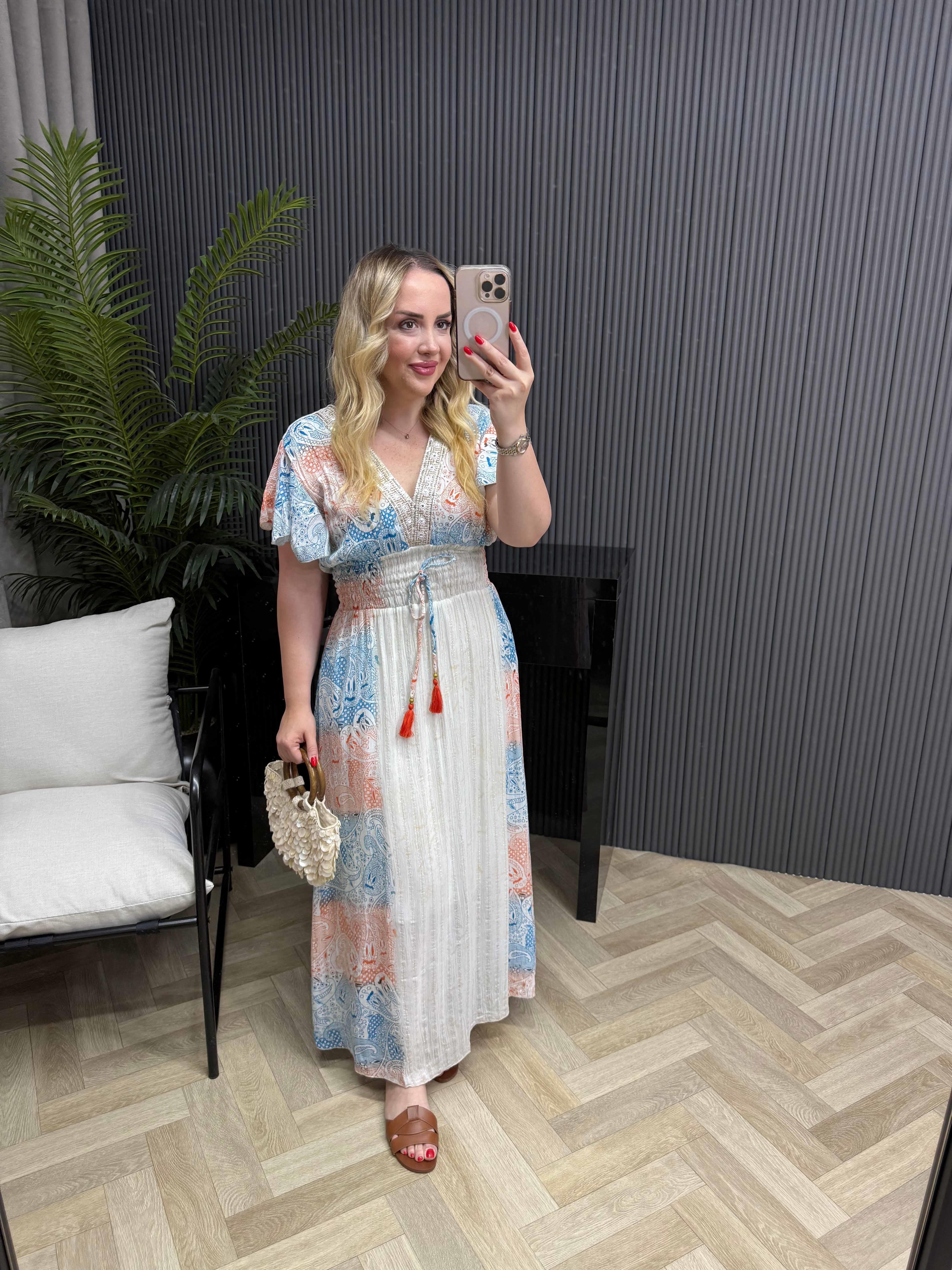 Vanessa Önü Pul Detay Beli Lastikli Tasarım İthal Elbise Mavi