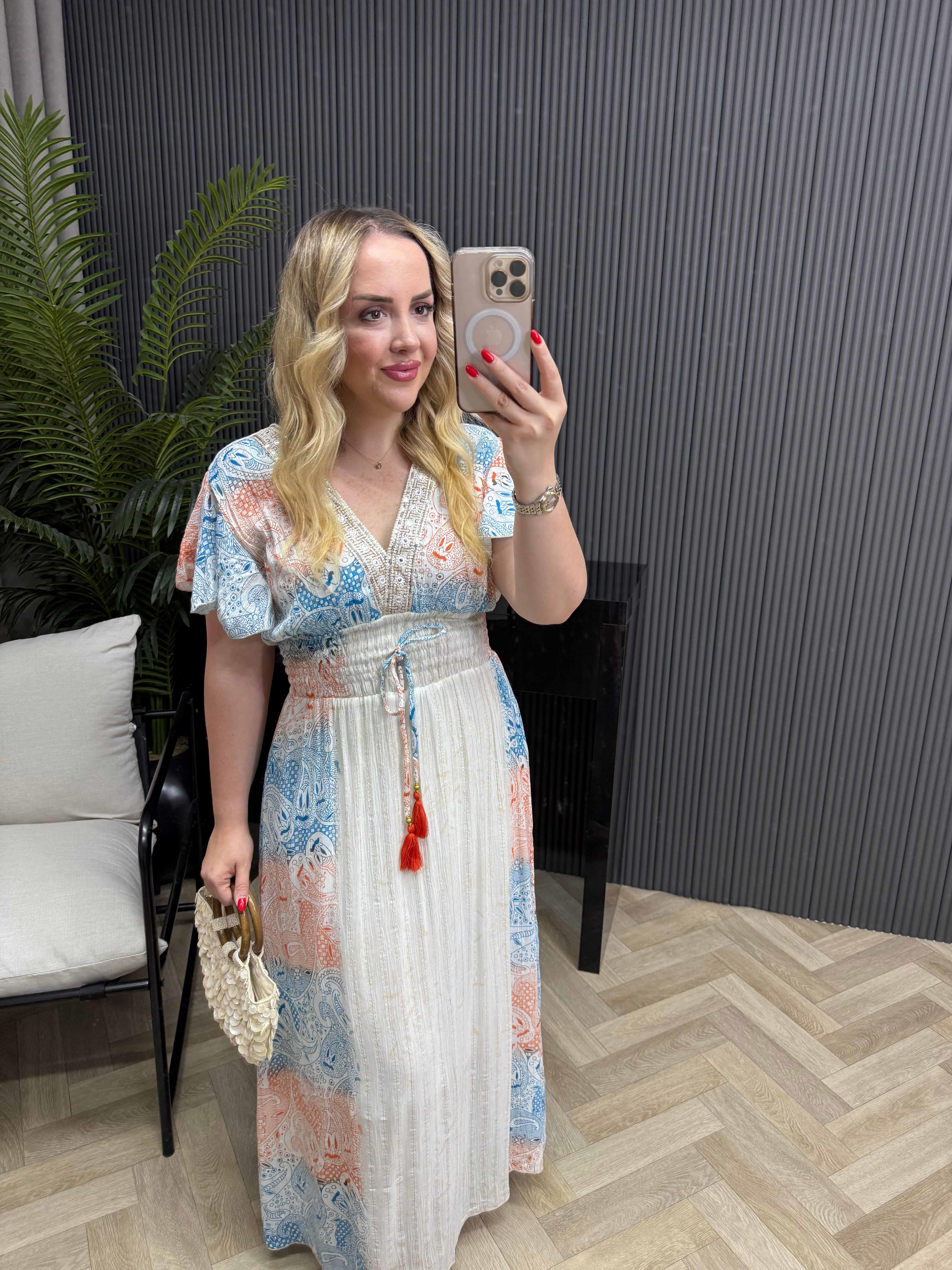 Vanessa Önü Pul Detay Beli Lastikli Tasarım İthal Elbise Mavi