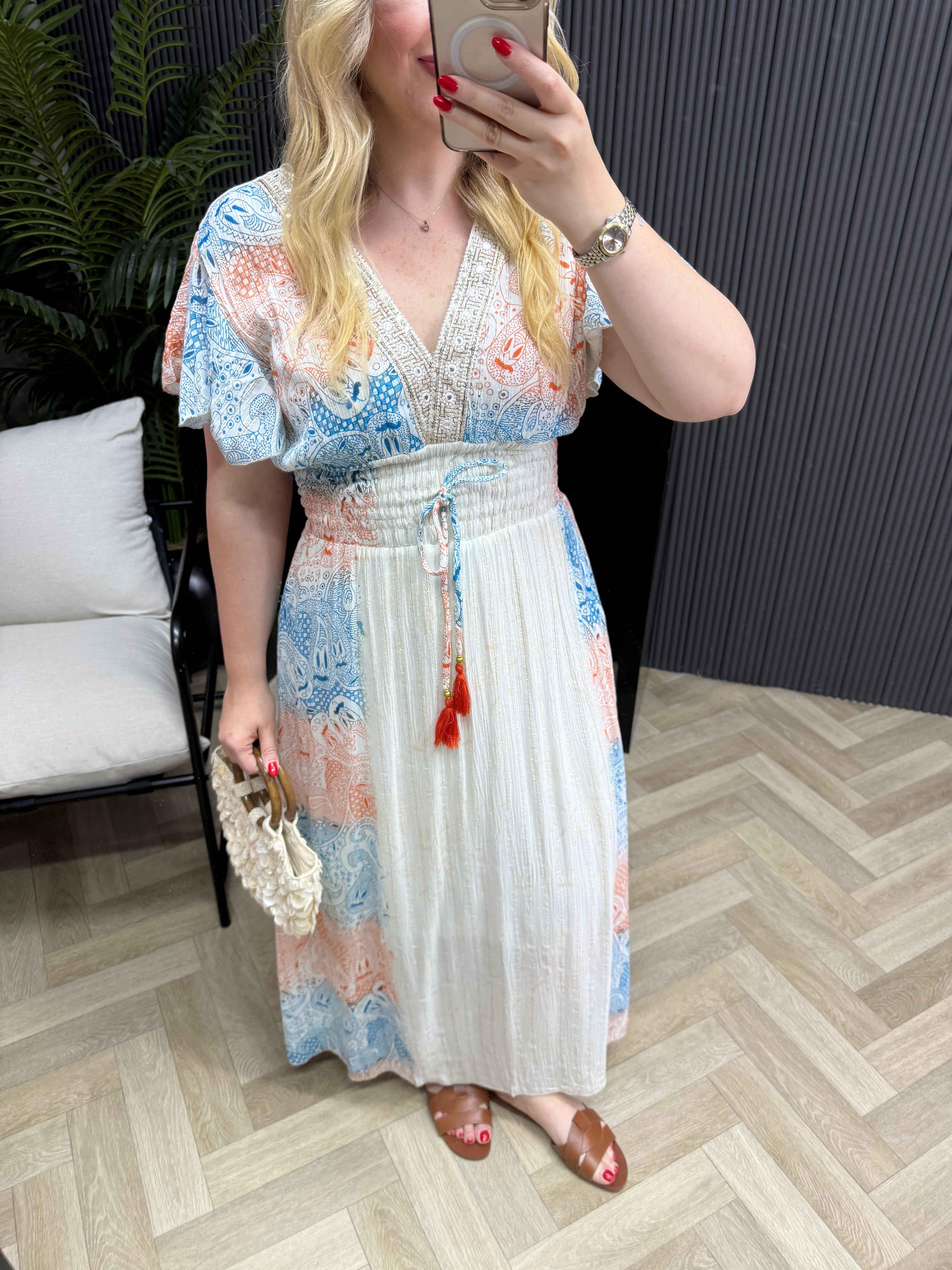 Vanessa Önü Pul Detay Beli Lastikli Tasarım İthal Elbise Mavi