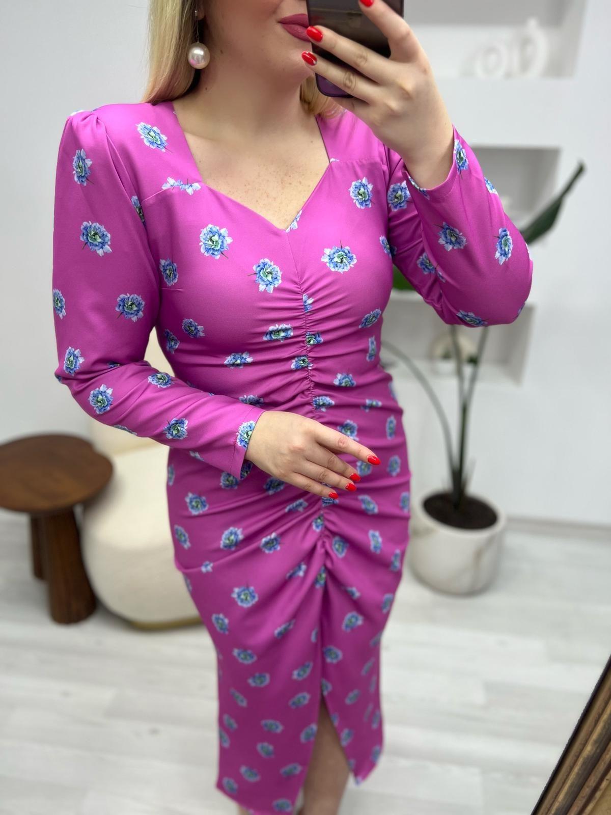 VATKALI DRAPELİ ELBİSE ŞEKER PEMBE