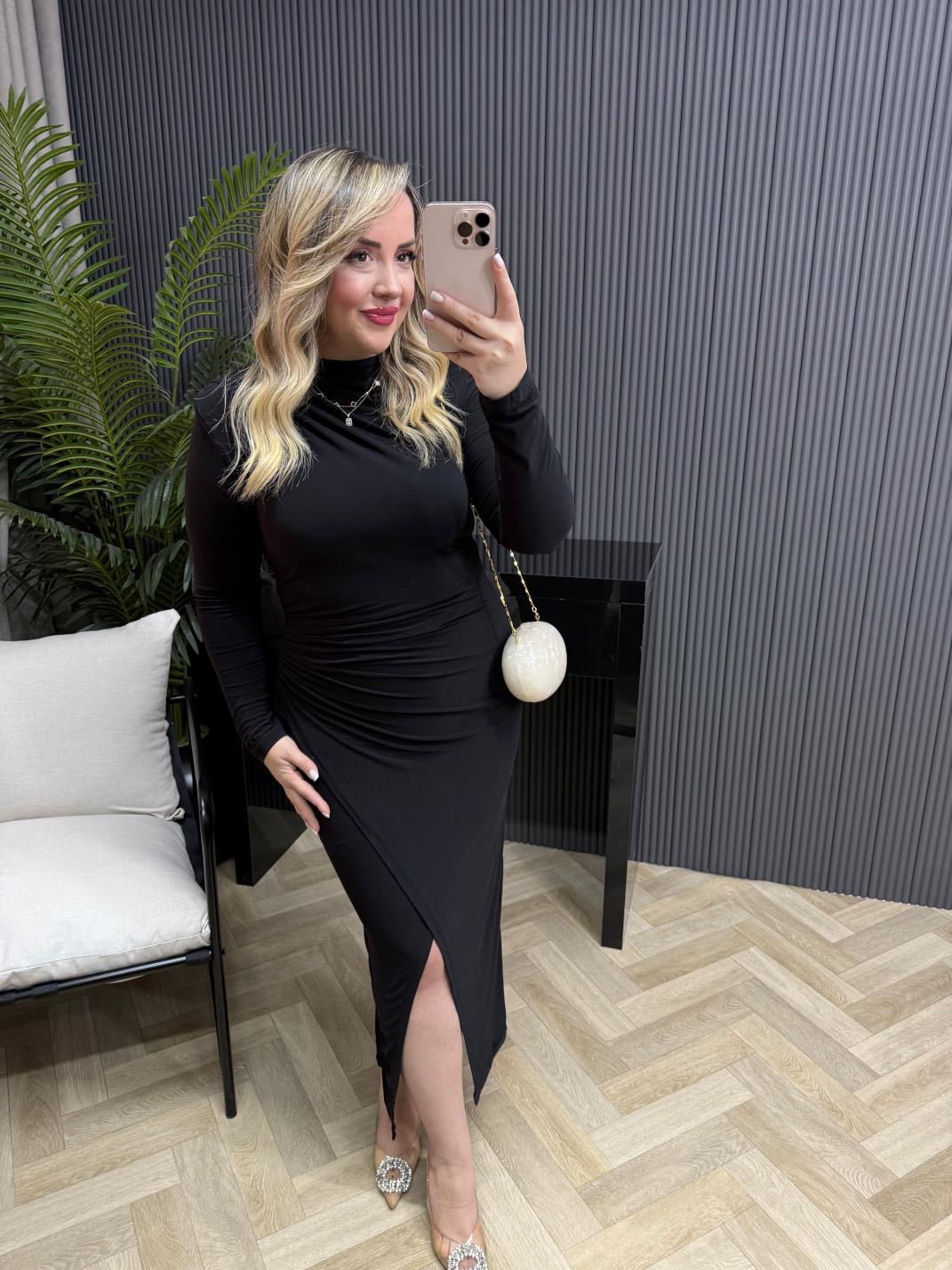 Vatkalı Drapeli Kruvaze Elbise Siyah