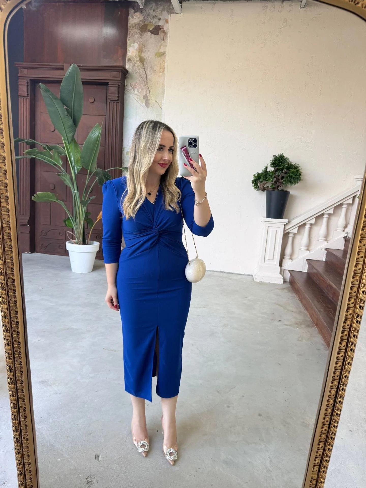 VATKALI DÜĞÜM DETAYLI KREP ELBİSE SAKS MAVİ