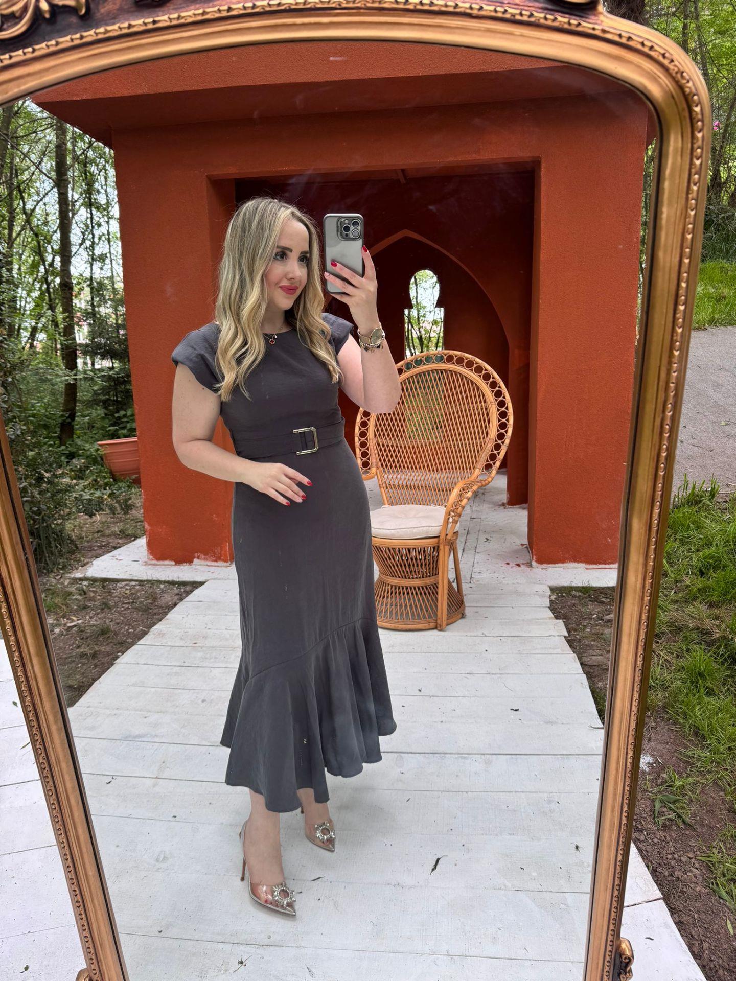 VATKALI MODAL KUMAŞ KEMERLİ ANTRASİT ELBİSE