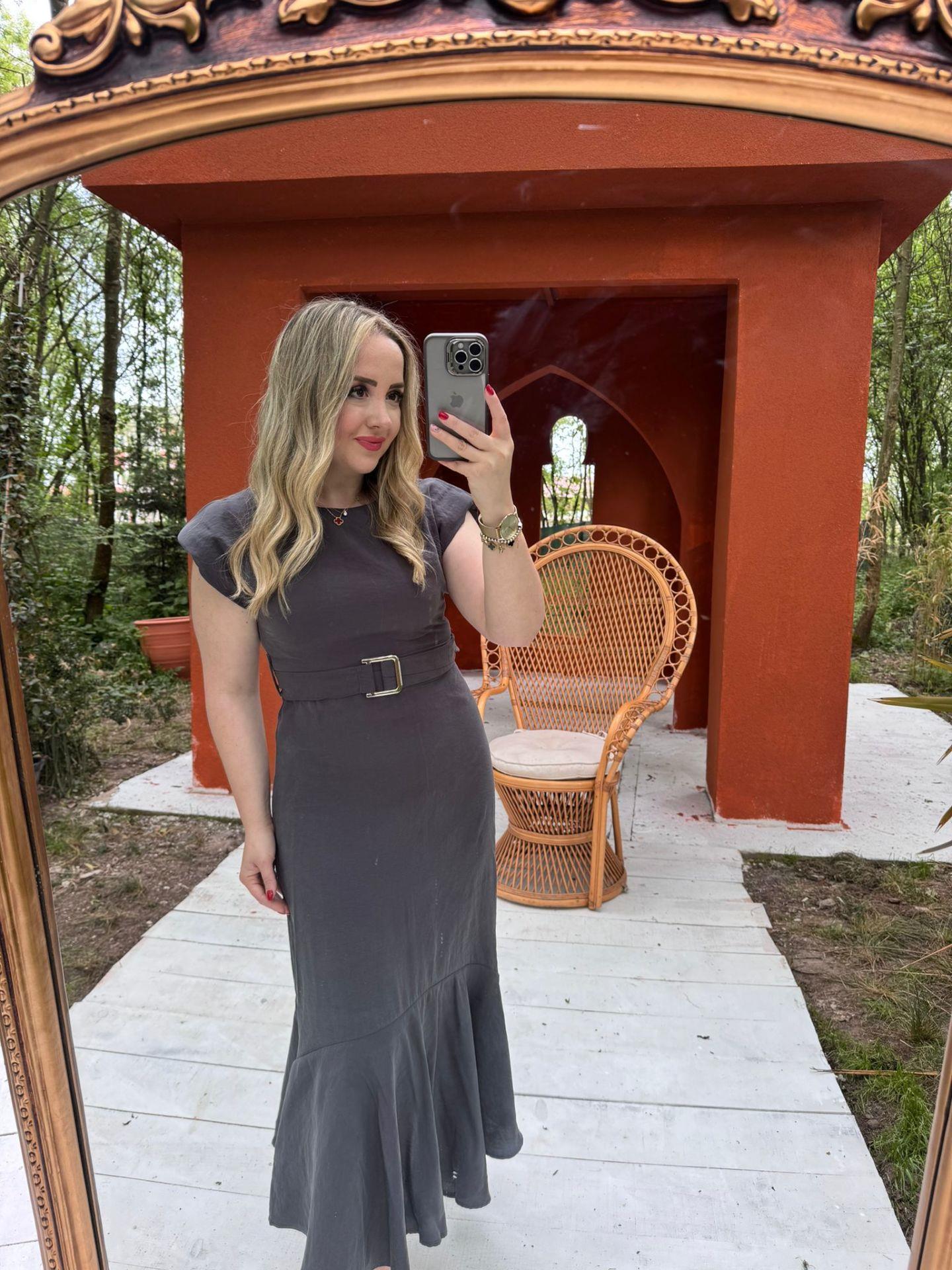 VATKALI MODAL KUMAŞ KEMERLİ ANTRASİT ELBİSE