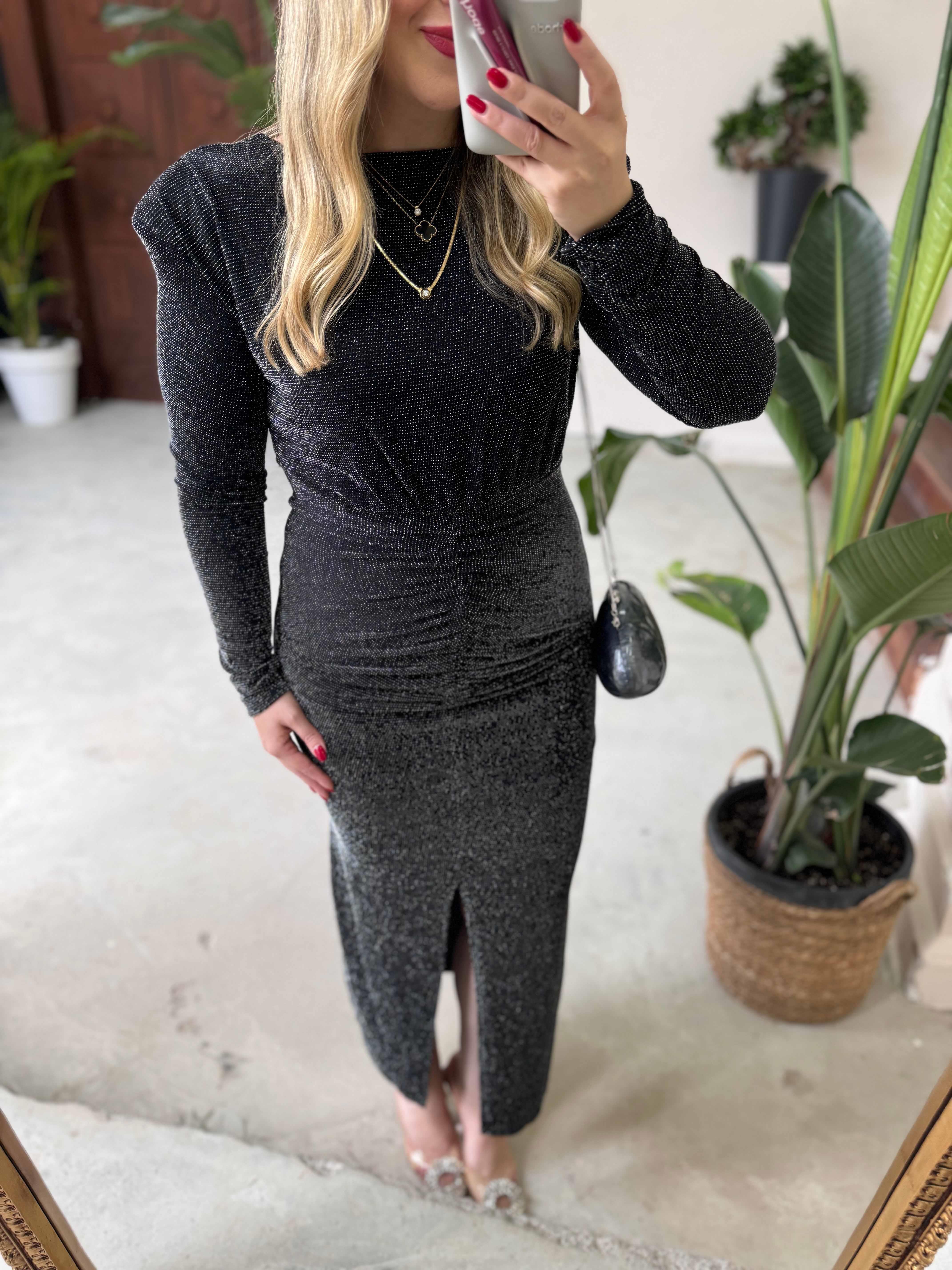 VATKALI SİMLİ DRAPELİ ELBİSE SİYAH