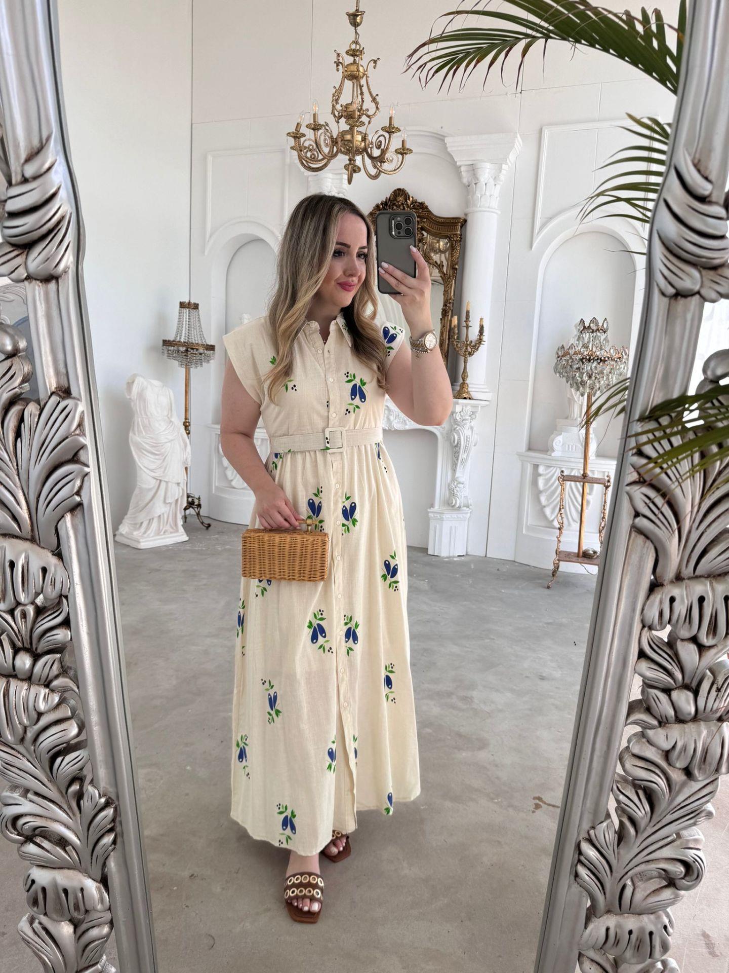 VATKALI ZEYTIN DALI DESENLİ HAM KETEN ELBİSE