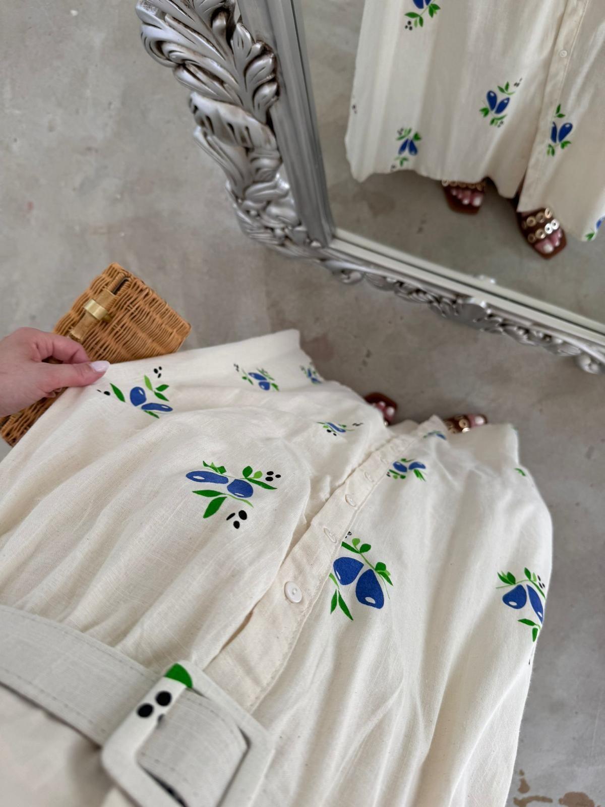 VATKALI ZEYTIN DALI DESENLİ HAM KETEN ELBİSE