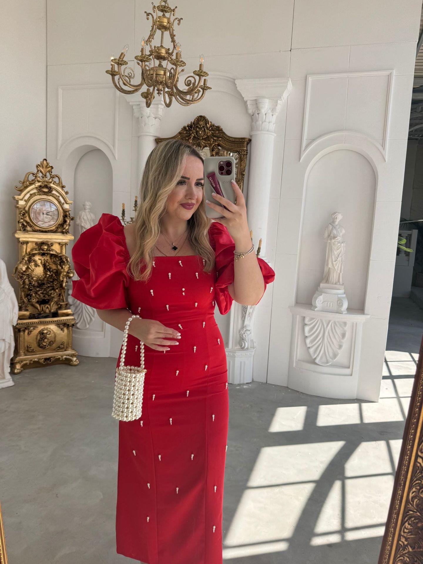 VİOLET İNCİ DETAY BALON KOL KALEM ELBİSE KIRMIZI