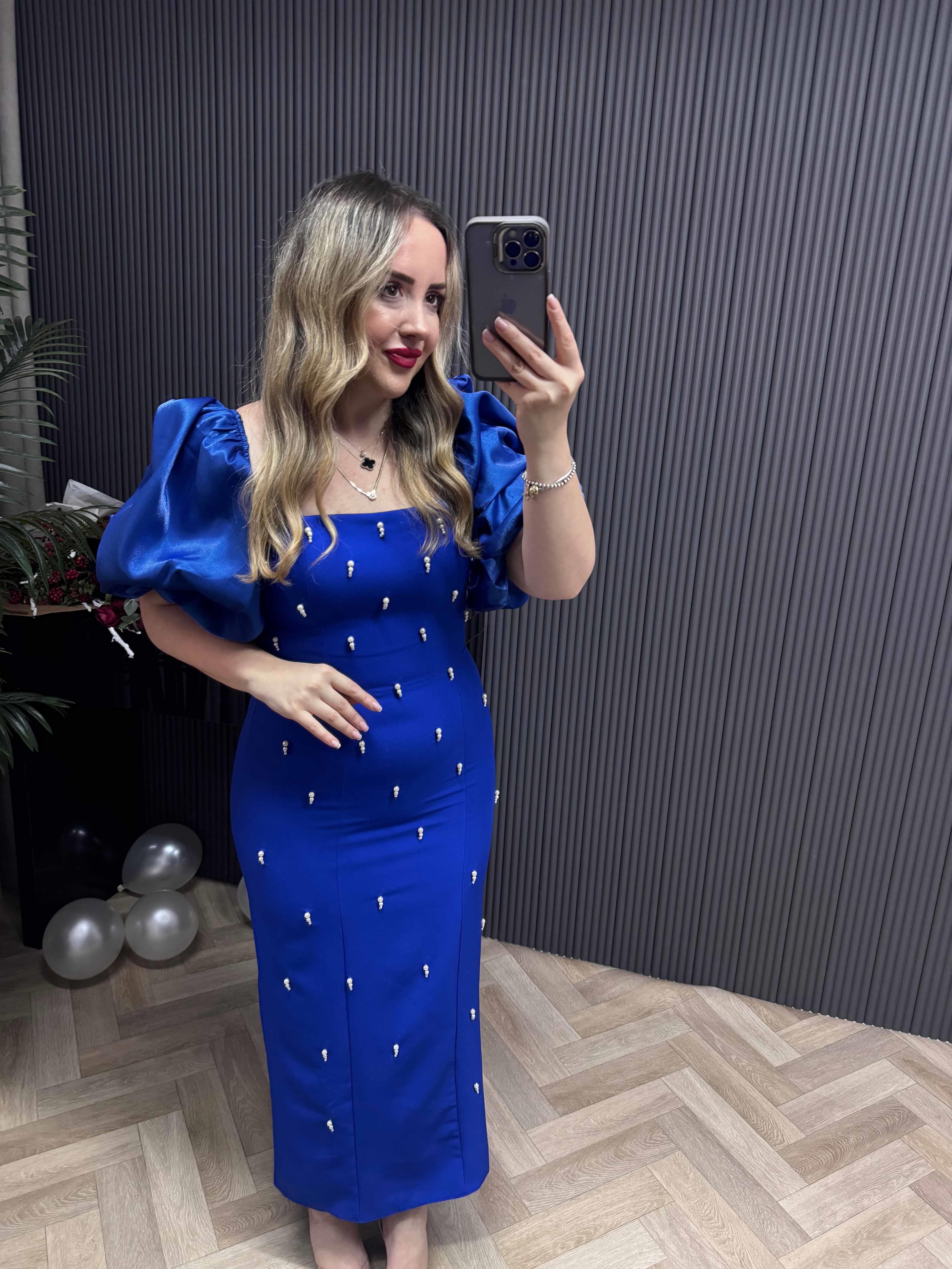 Violet İnci Detay Balon Kol Kalem Elbise Saks Mavisi