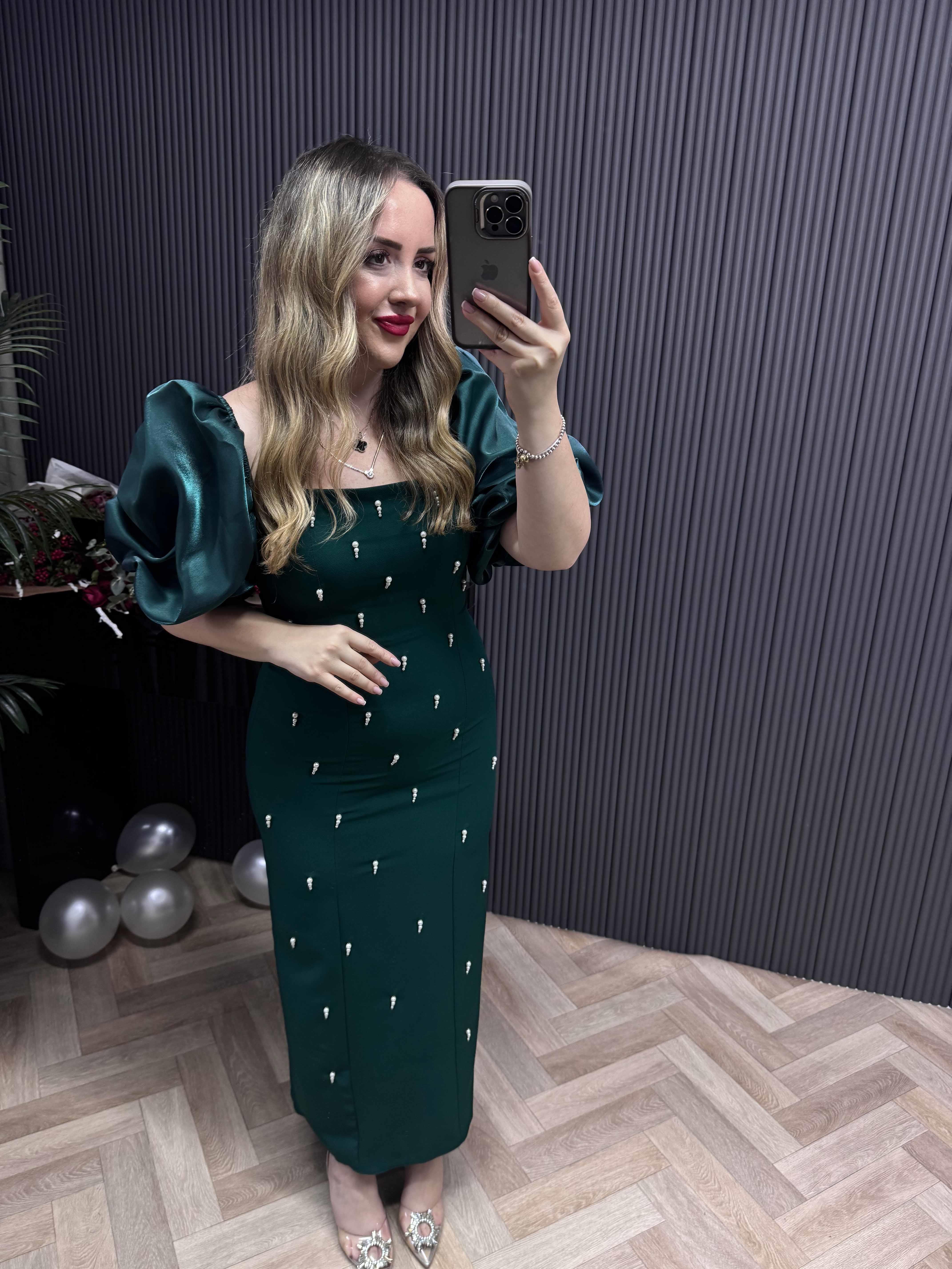 Violet İnci Detay Balon Kol Kalem Elbise Zümrüt