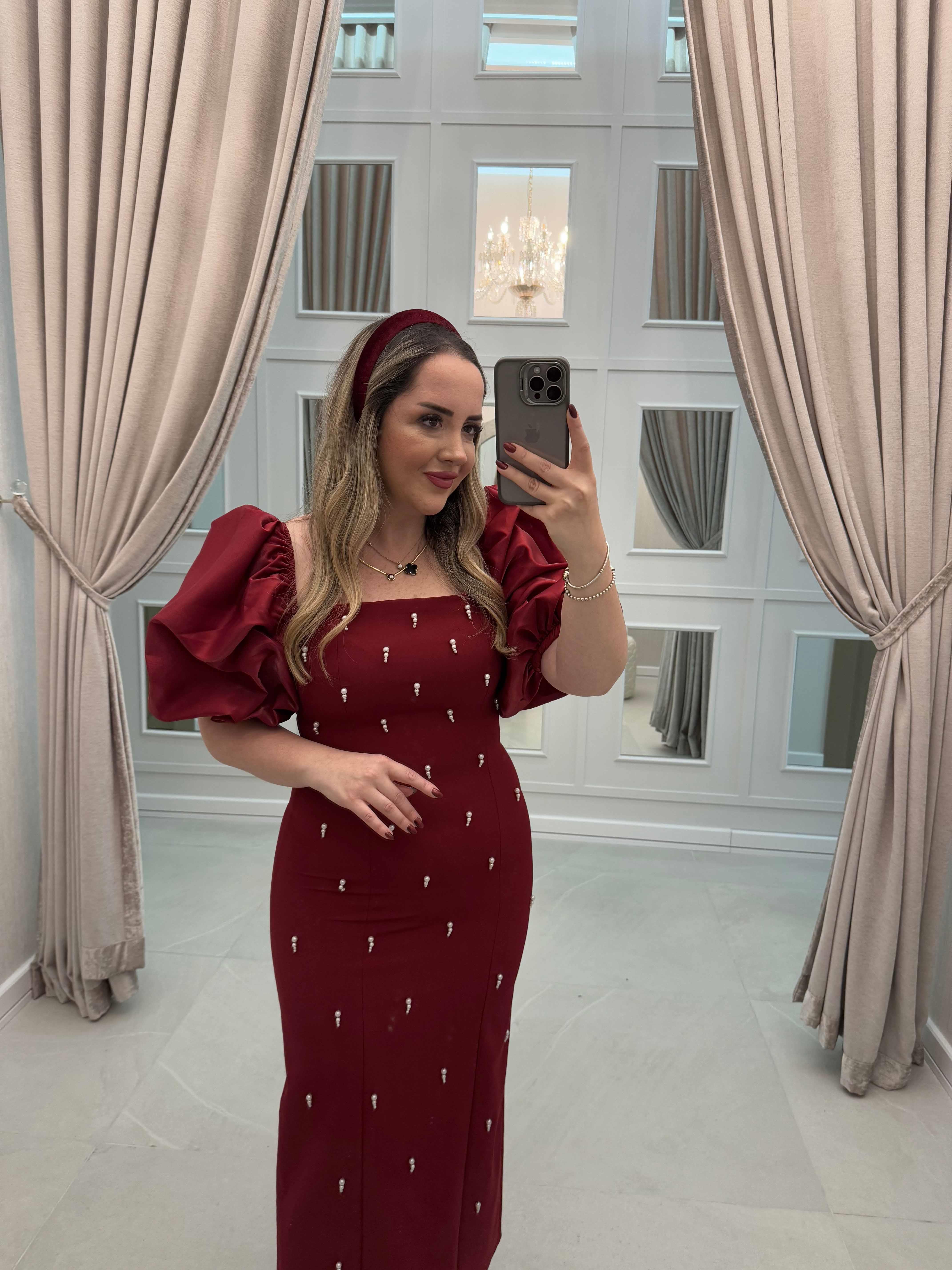Violet İnci Detay Balon Kol Kalem Elbise Bordo
